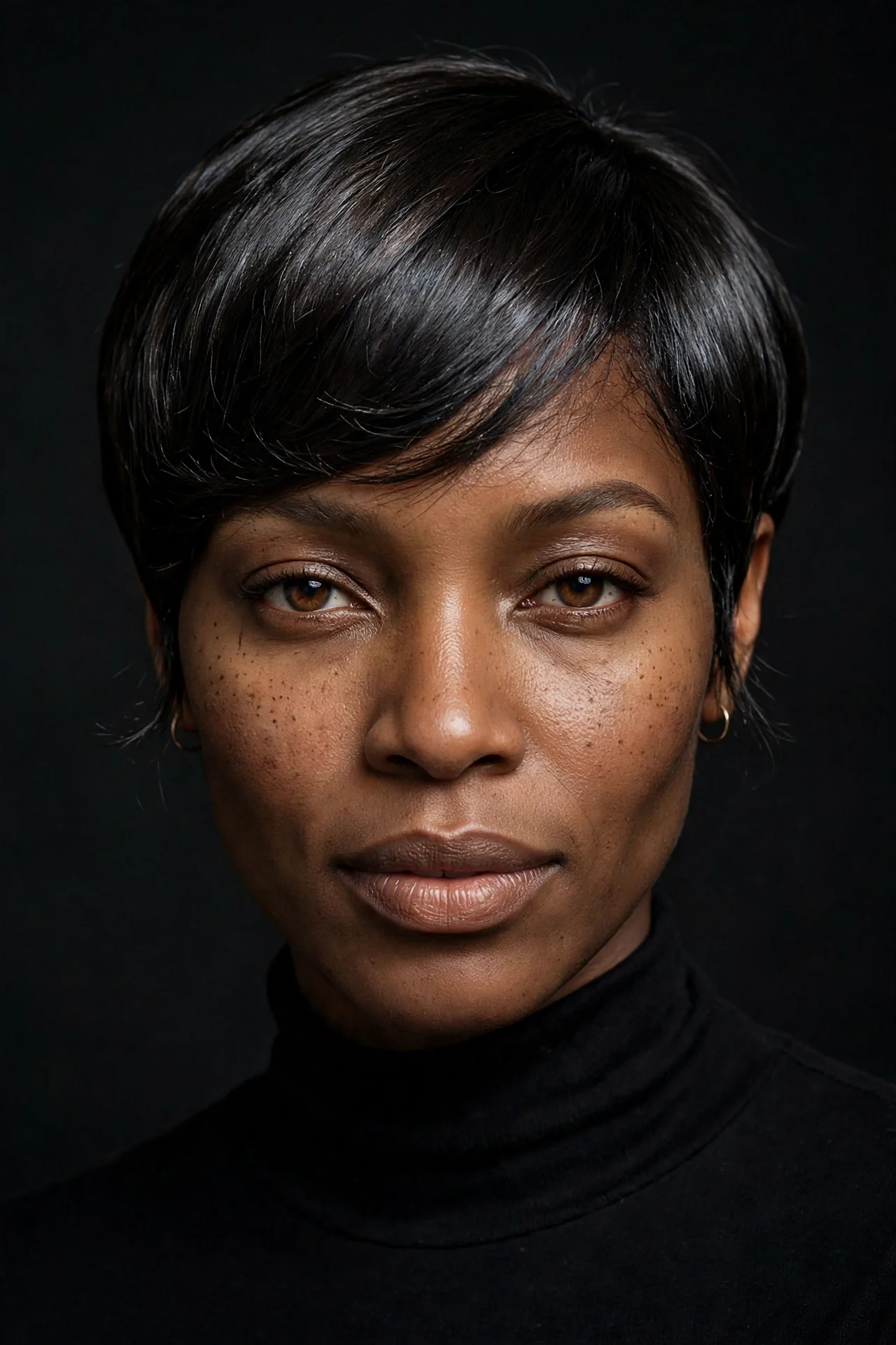 Black woman in her 30s with fine dark hair in a glossy espresso bixie