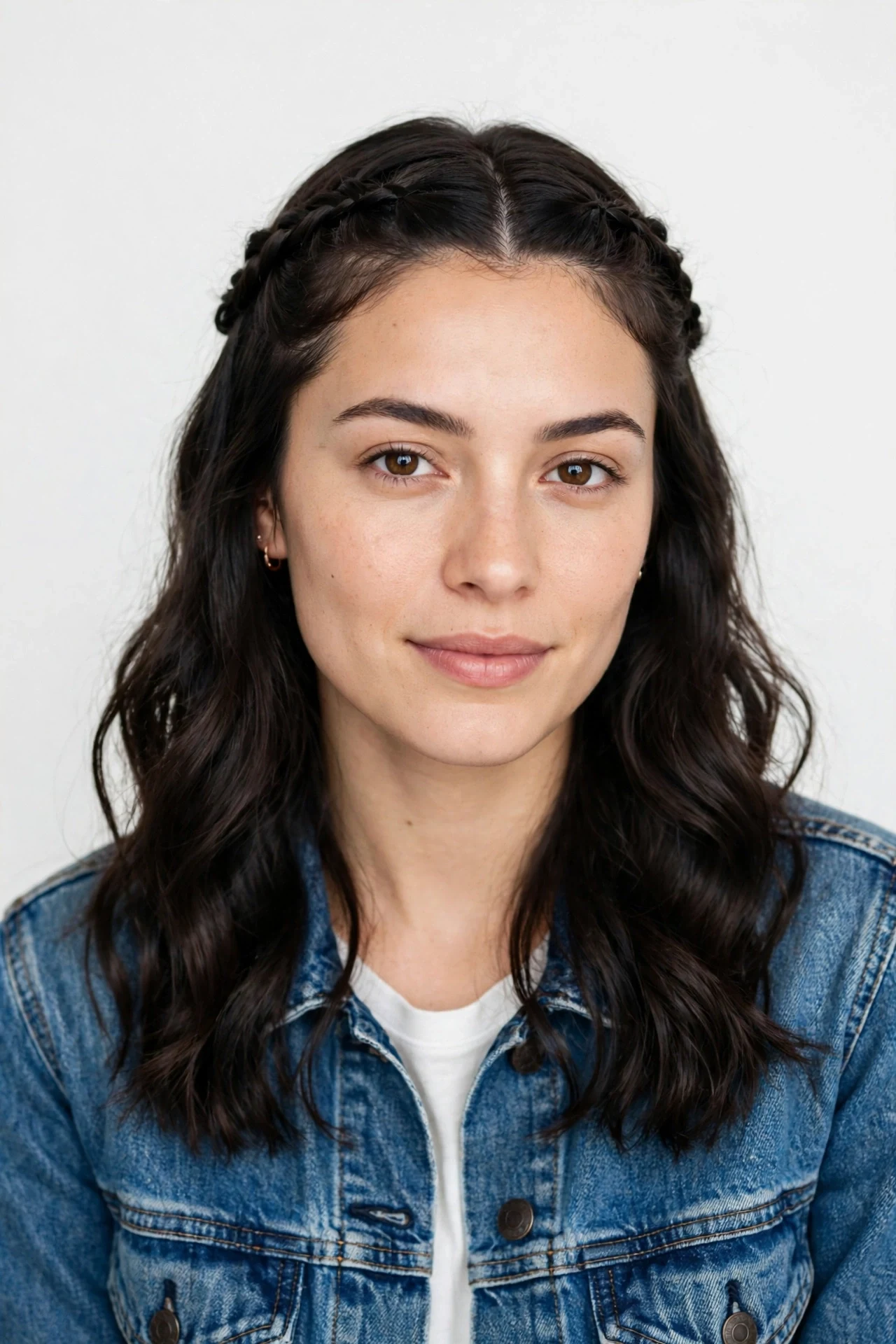 Transition length hair with two small front braids twisted back from the face