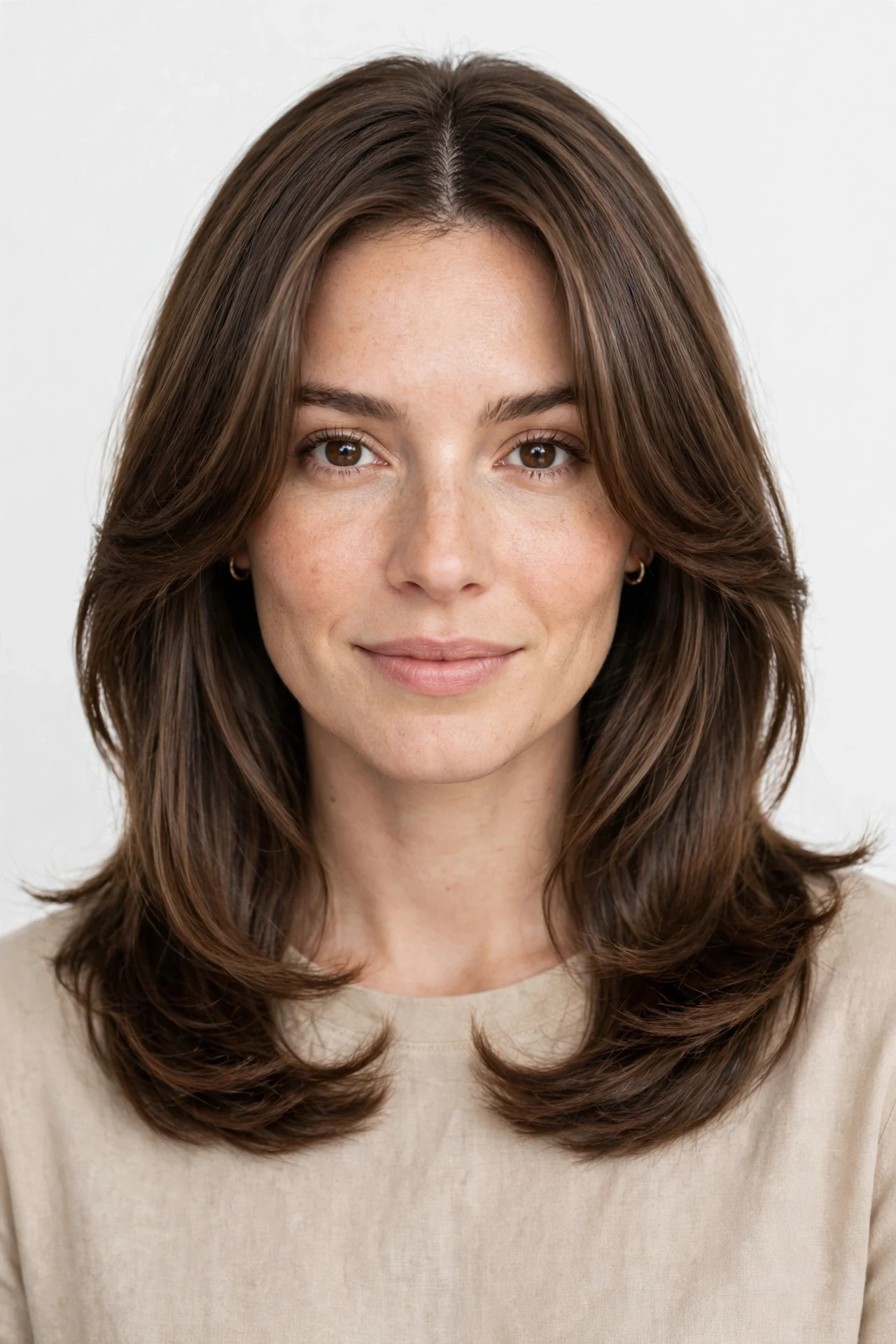 Collarbone length hair with long curtain bangs parted in the middle