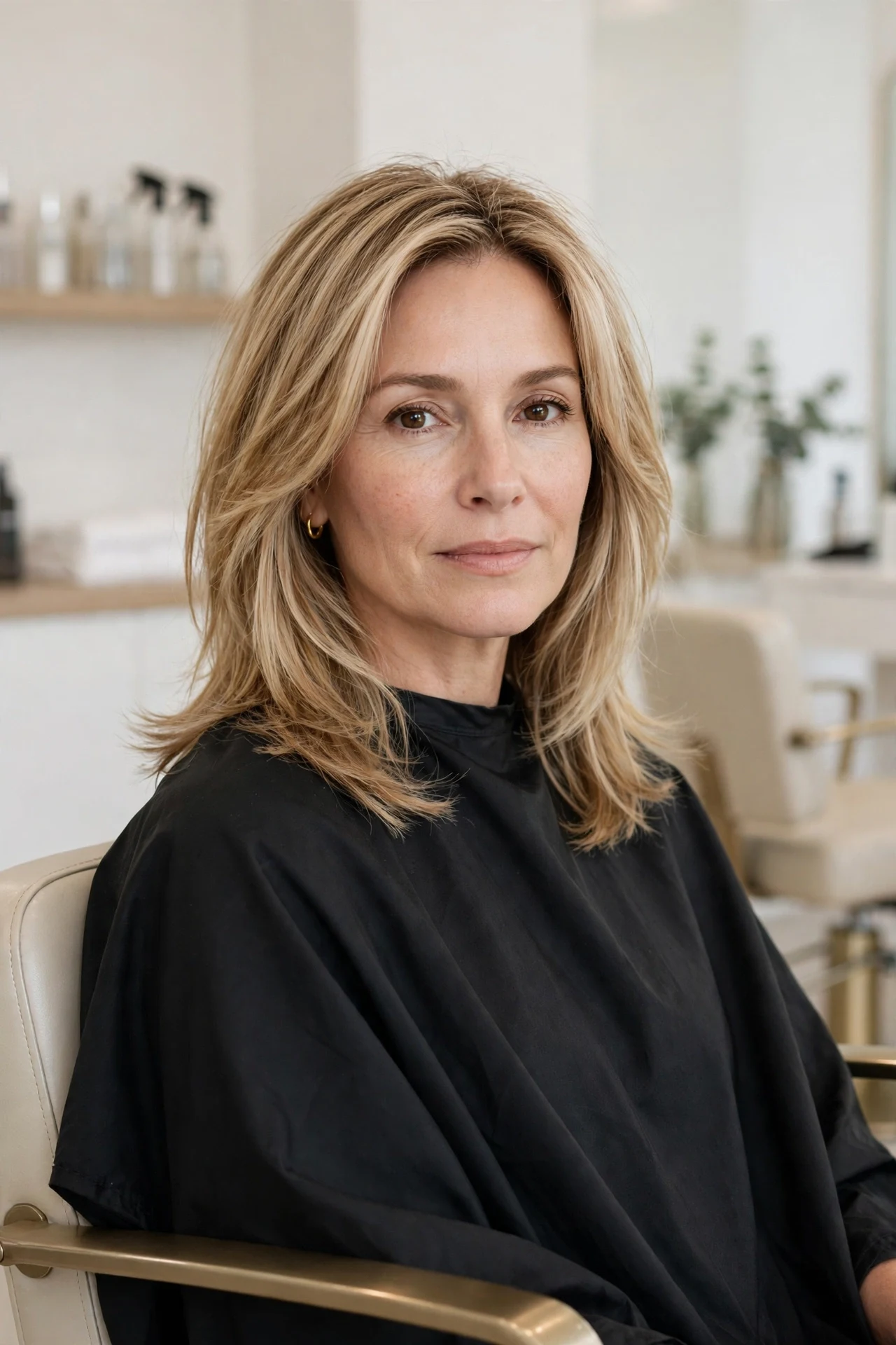 Woman in a salon chair with freshly dusted healthy shoulder length ends