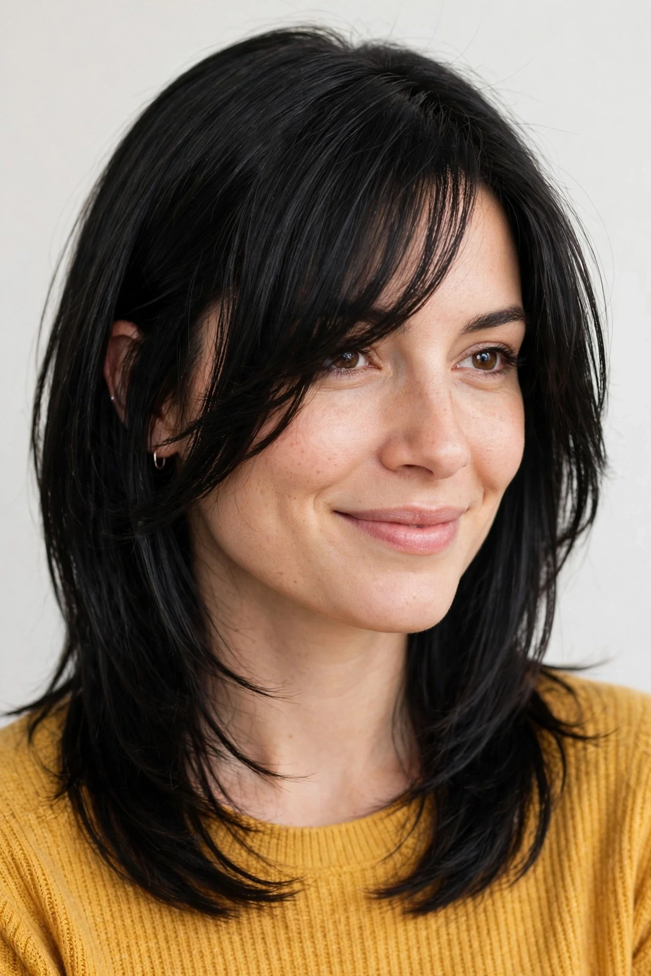 Shoulder length hair with long grown-out bangs swept to the side