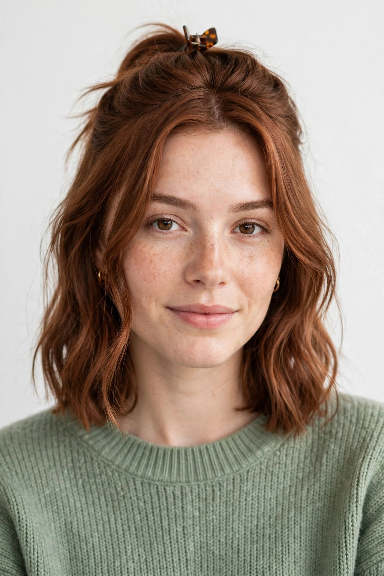 Growing hair with front sections pulled into a small half-up claw clip style