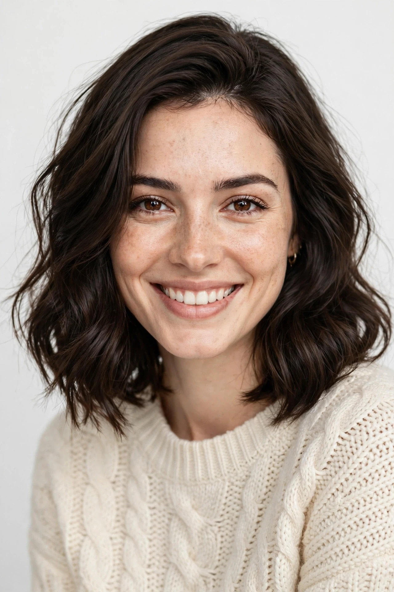 Woman growing out a bob haircut with soft wavy collarbone length hair