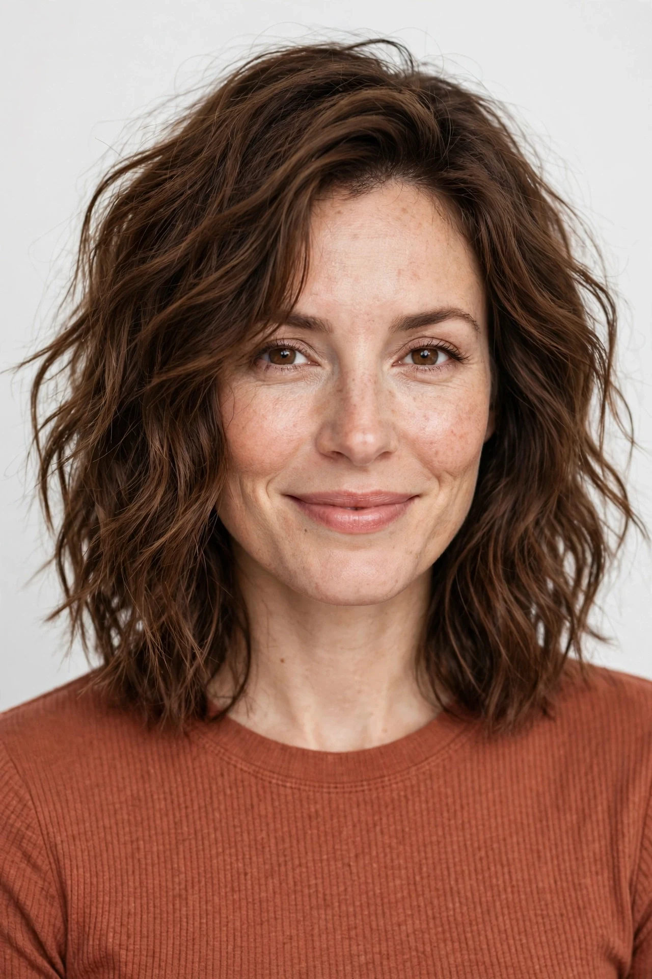 Shoulder length wavy hair with tousled texture disguising uneven lengths