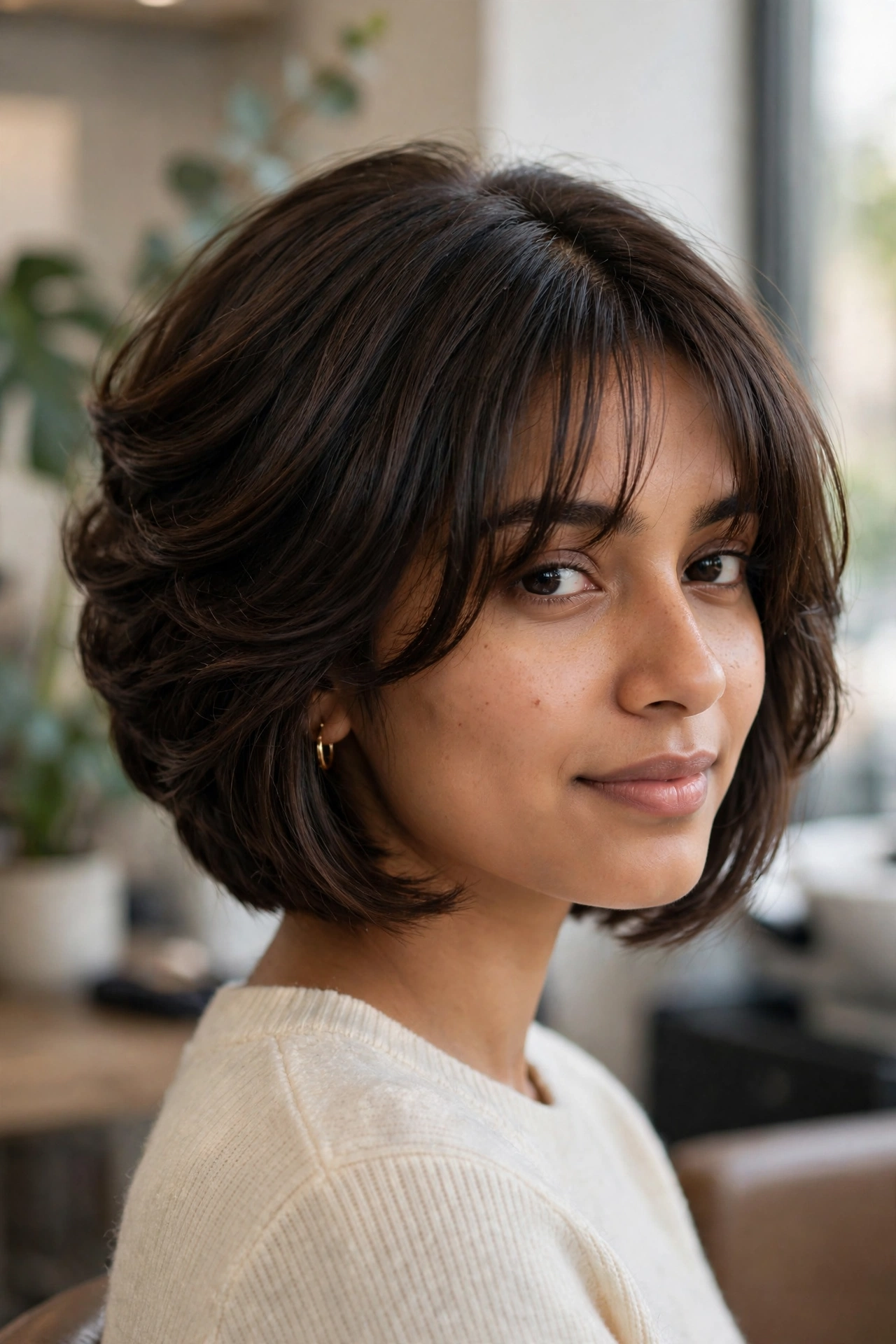 Graduated bob with curtain bangs on fine hair, soft center-parted fringe framing the face
