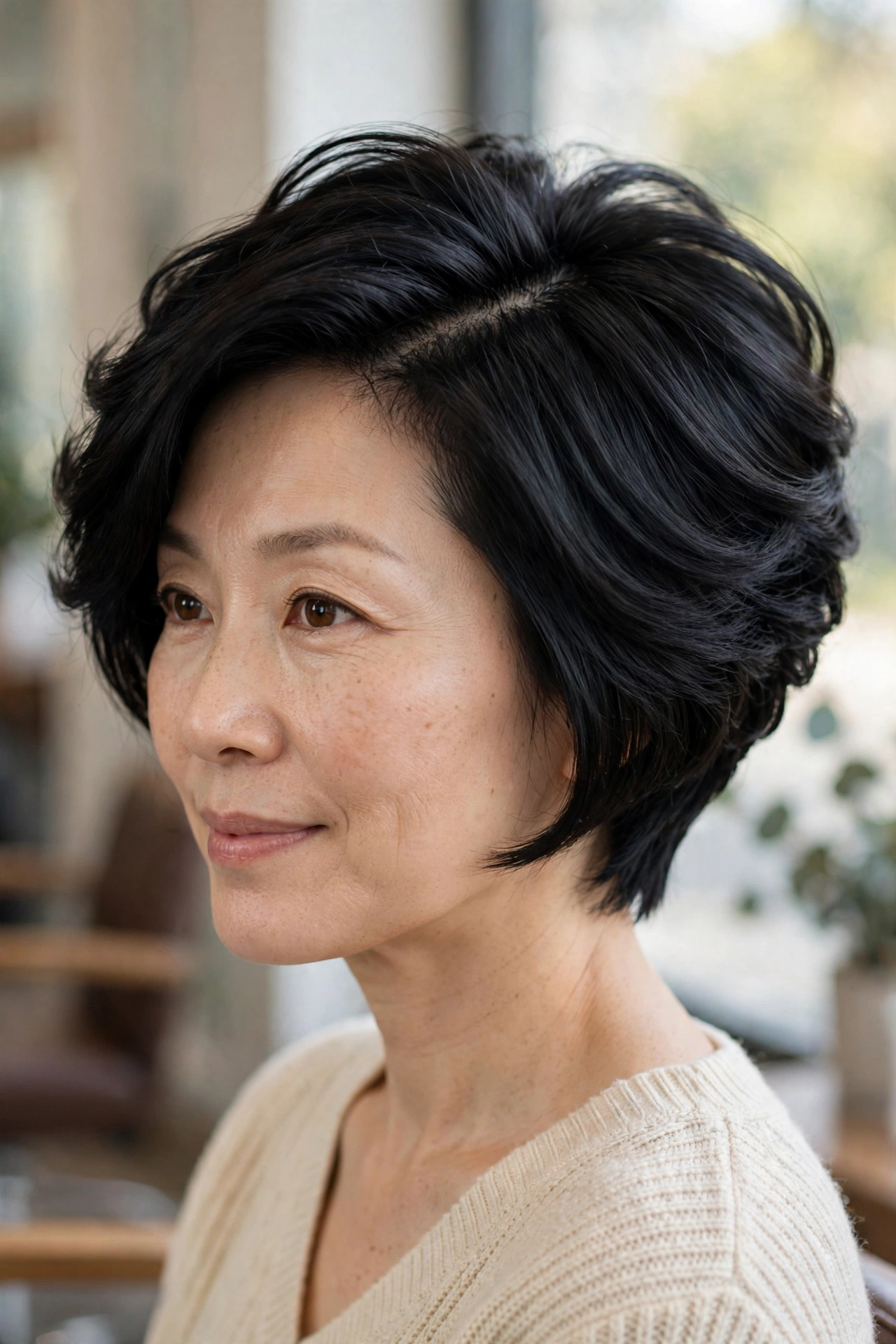 Graduated bob with a deep side part on fine hair, dramatic sweep creating instant volume