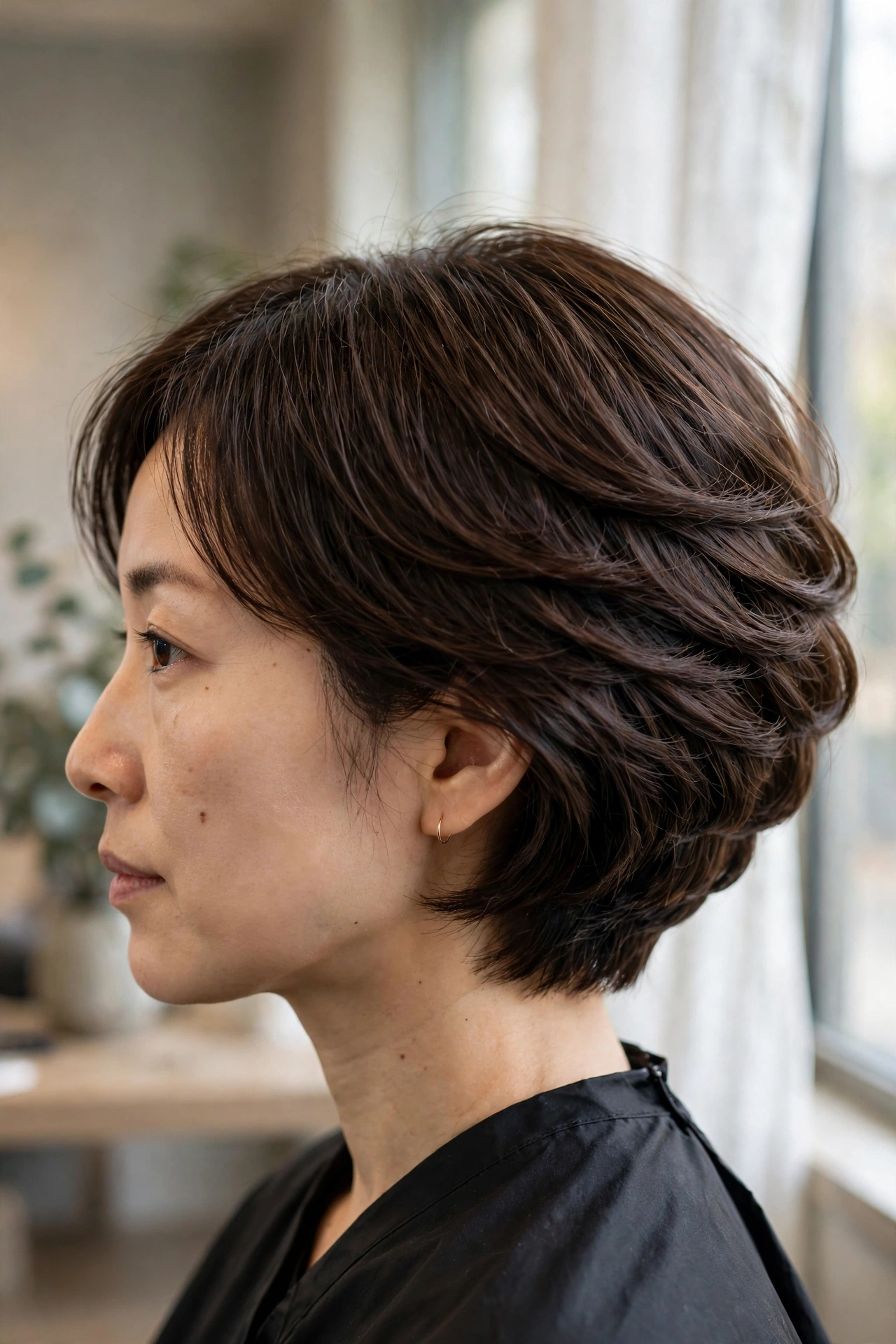 Stacked graduated bob on fine thin hair shown from the side, with visible volume at the back — one of the graduated bobs that make thin hair look thicker