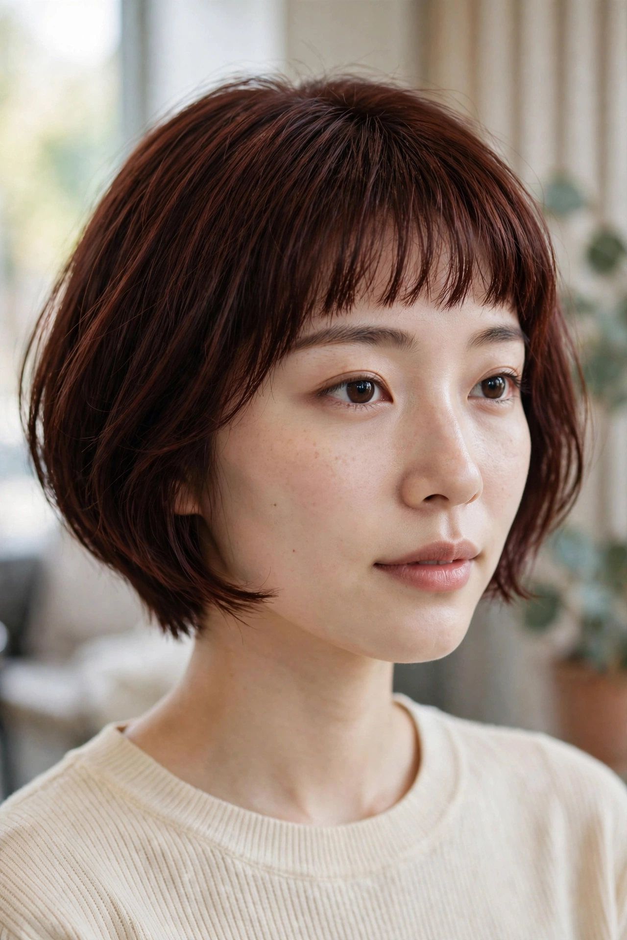 Graduated bob with a micro fringe on fine hair, short graphic fringe above the brows
