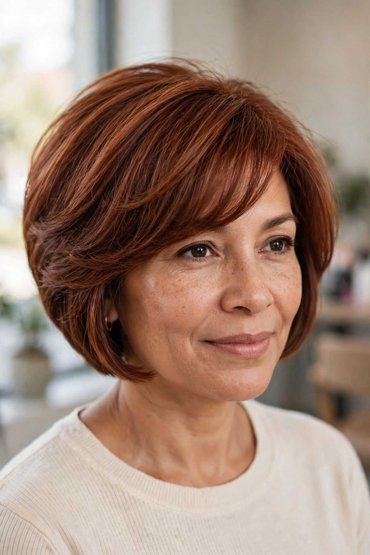Graduated bob with side-swept bangs on thin hair, flattering diagonal fringe