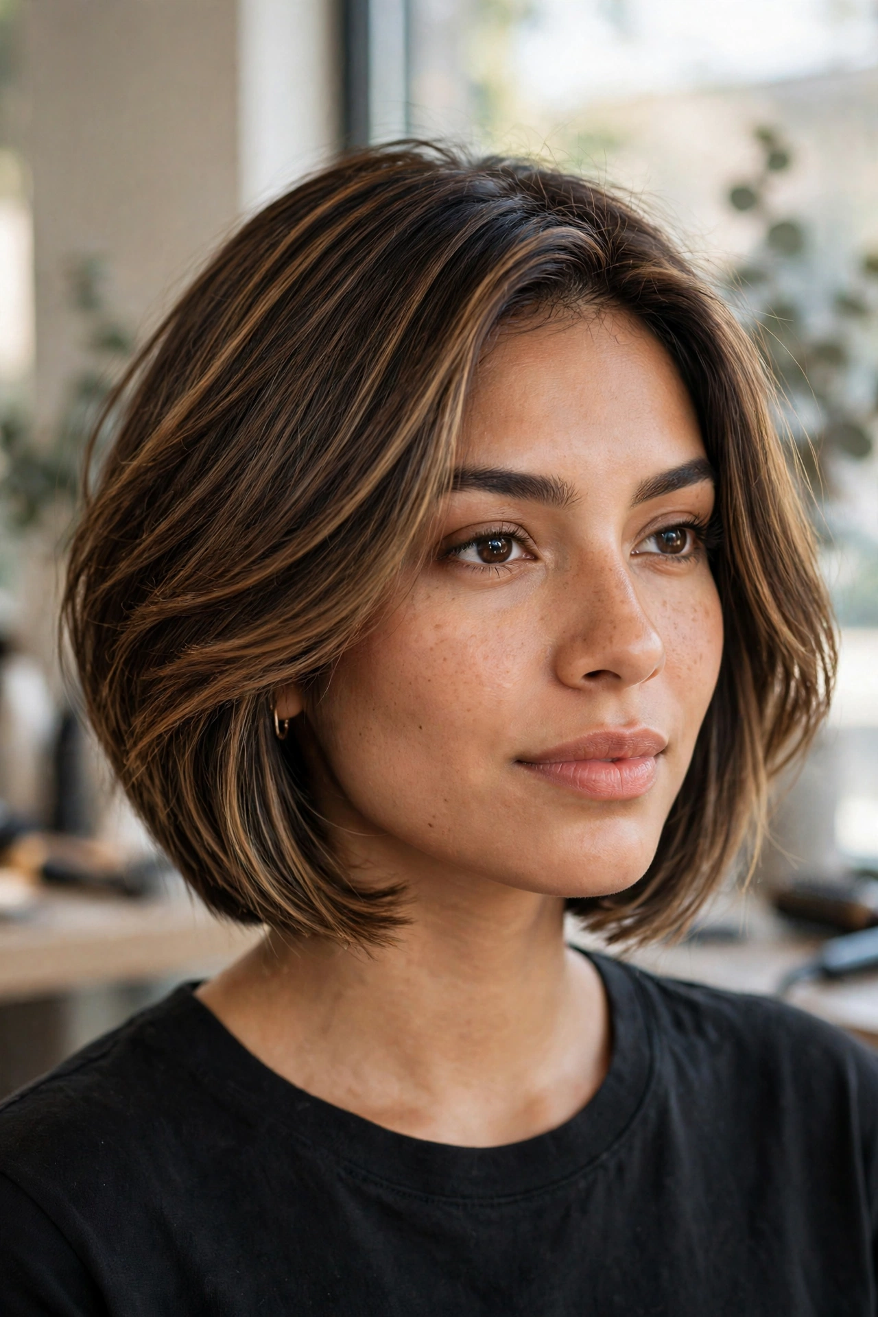 Graduated bob with dimensional balayage on thin hair, soft hand-painted highlights adding depth