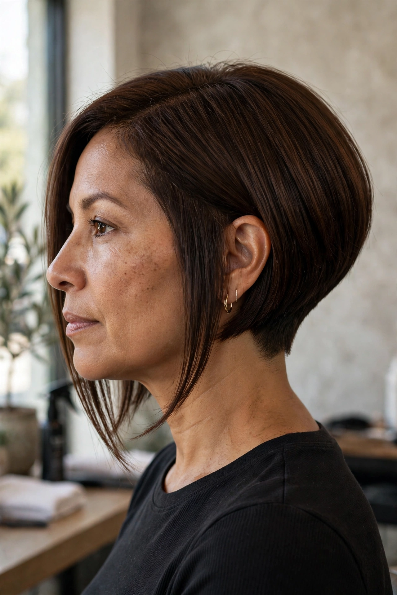 Graduated bob with tapered nape and longer front pieces on fine hair, clean architectural shape