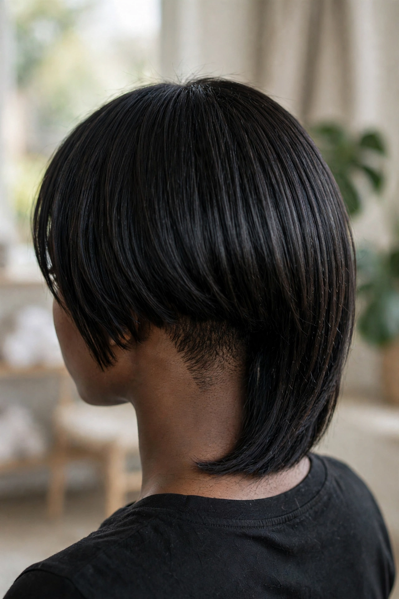 Graduated bob with a soft undercut nape on fine hair, back view showing tapered neckline