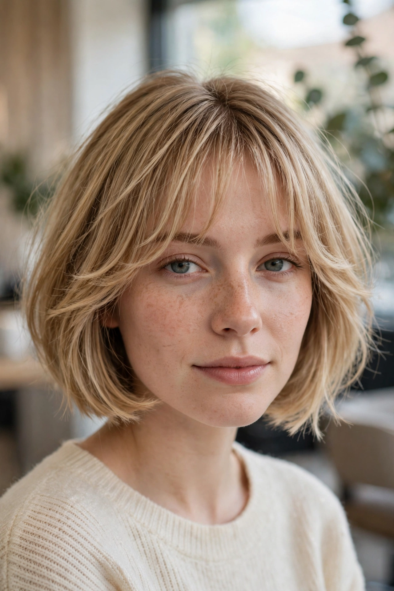 Graduated bob with wispy bangs on thin hair, soft feathered fringe