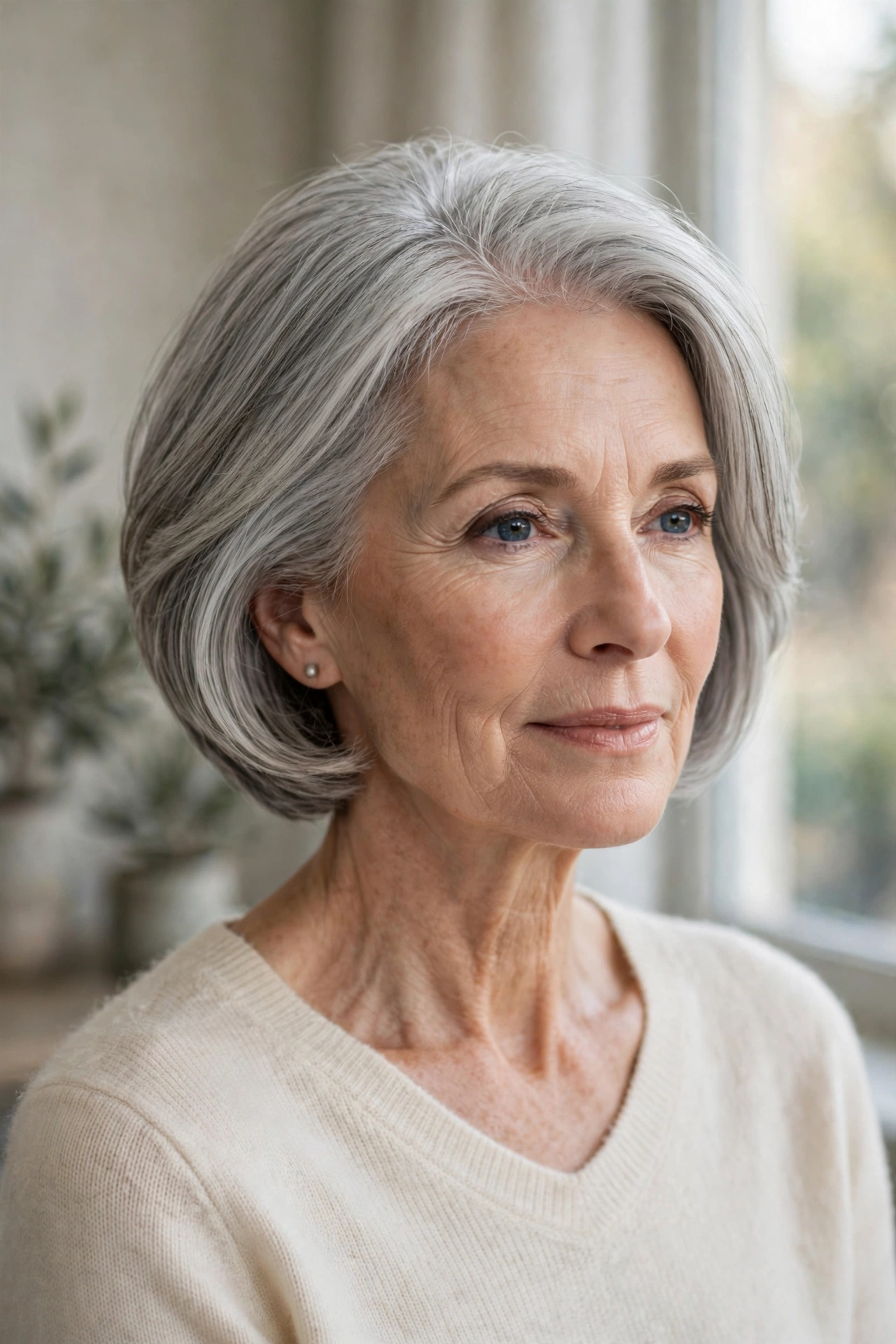 Elegant graduated bob on fine silver hair for a woman over 50, sophisticated chin-length shape