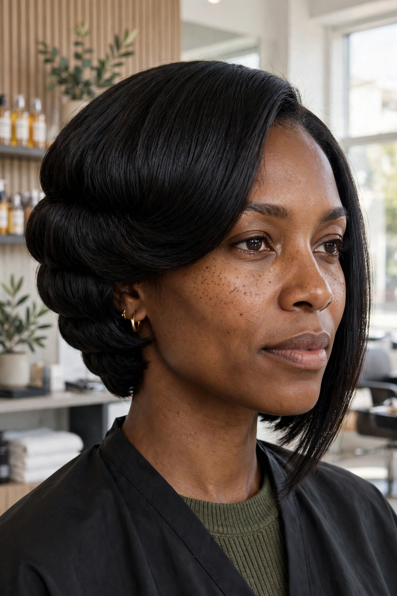 Graduated stacked bob on straight black hair with nape volume