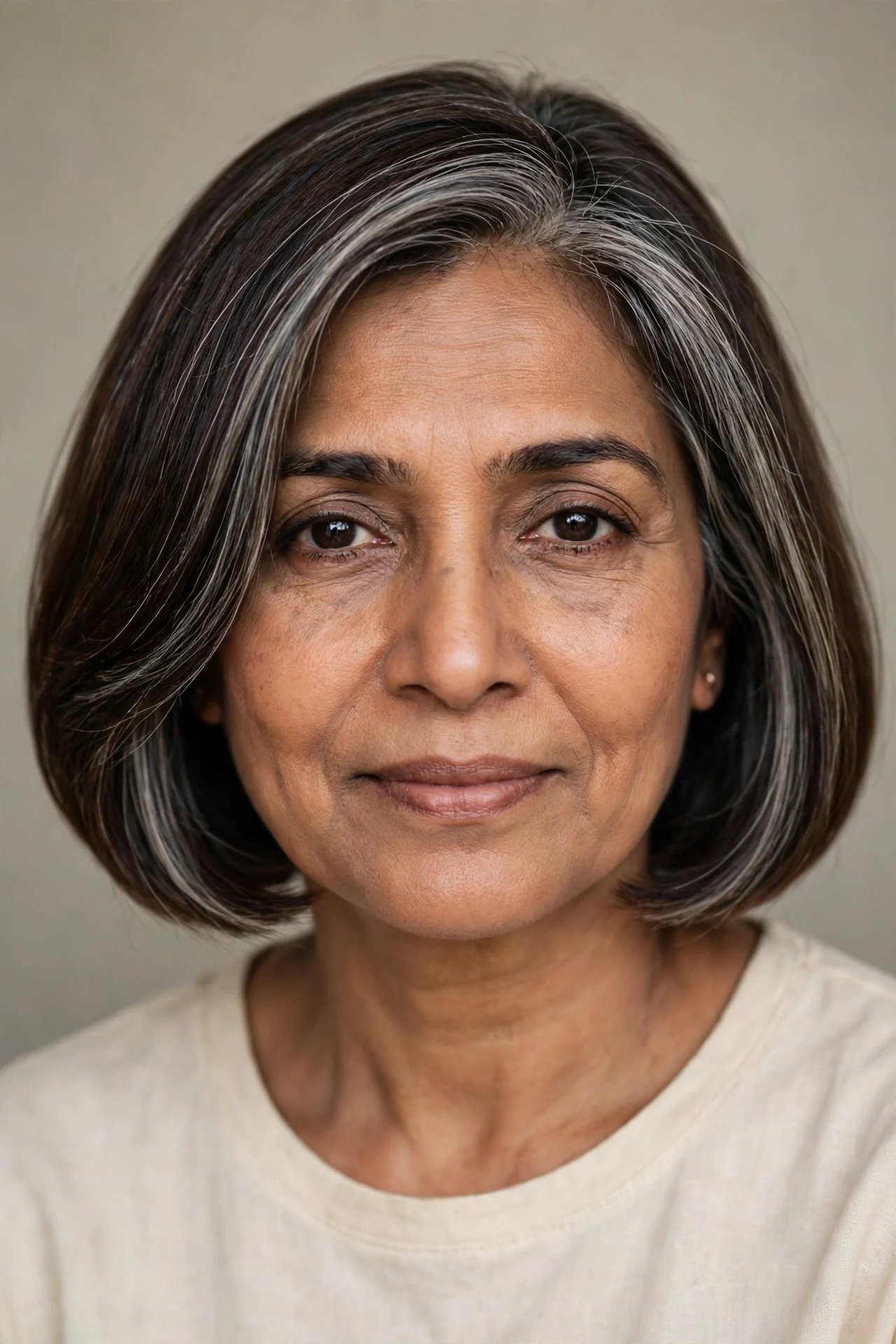 brunette italian bob with gray blending highlights on a woman in her 50s