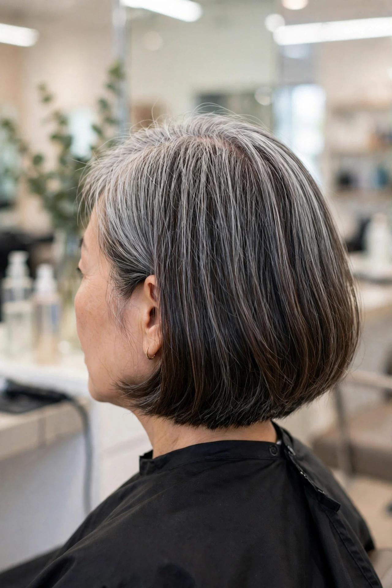 italian bob during gray hair transition with blended demarcation line on a woman in her 50s