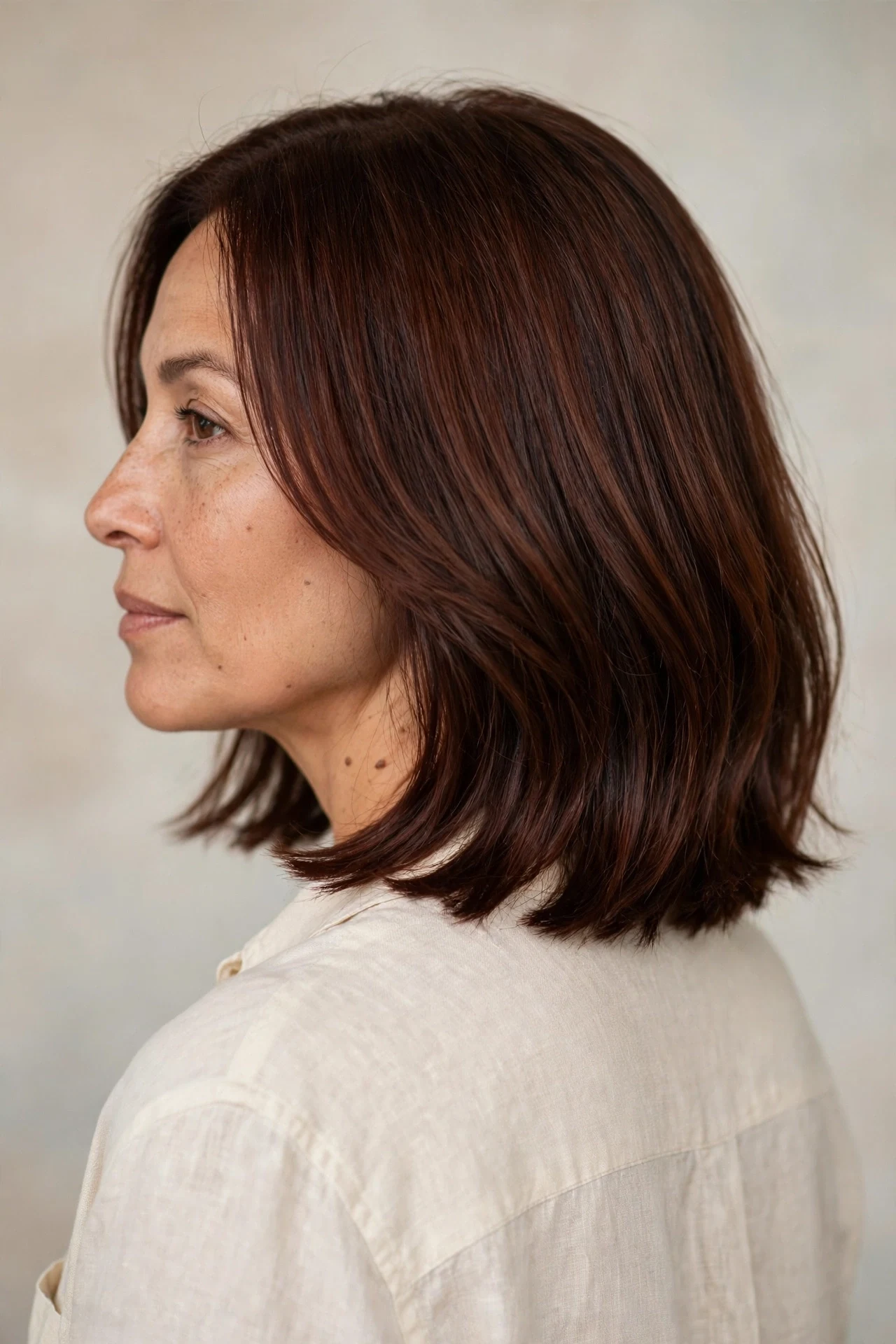 Grown out midi haircut showing transition from classic bob