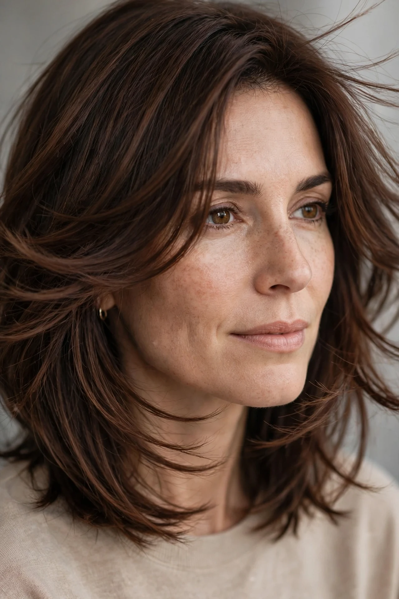 Extensions blended into face-framing layers on a brunette bob