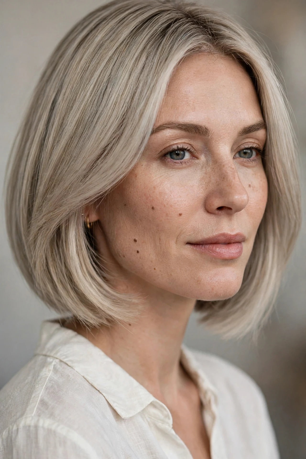Perfectly color-matched ash blonde extensions on a bob