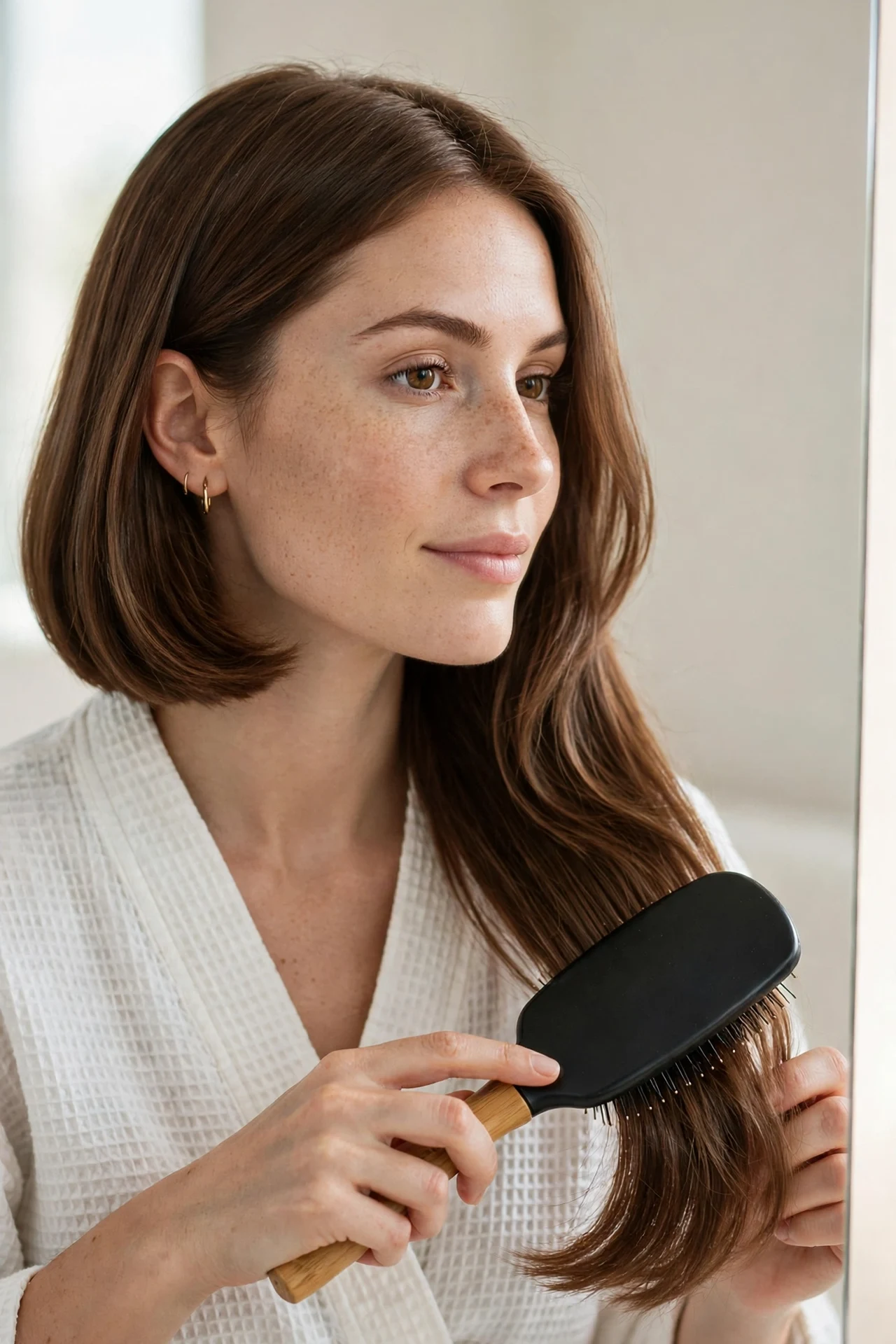 Brushing a bob with extensions gently at a vanity mirror
