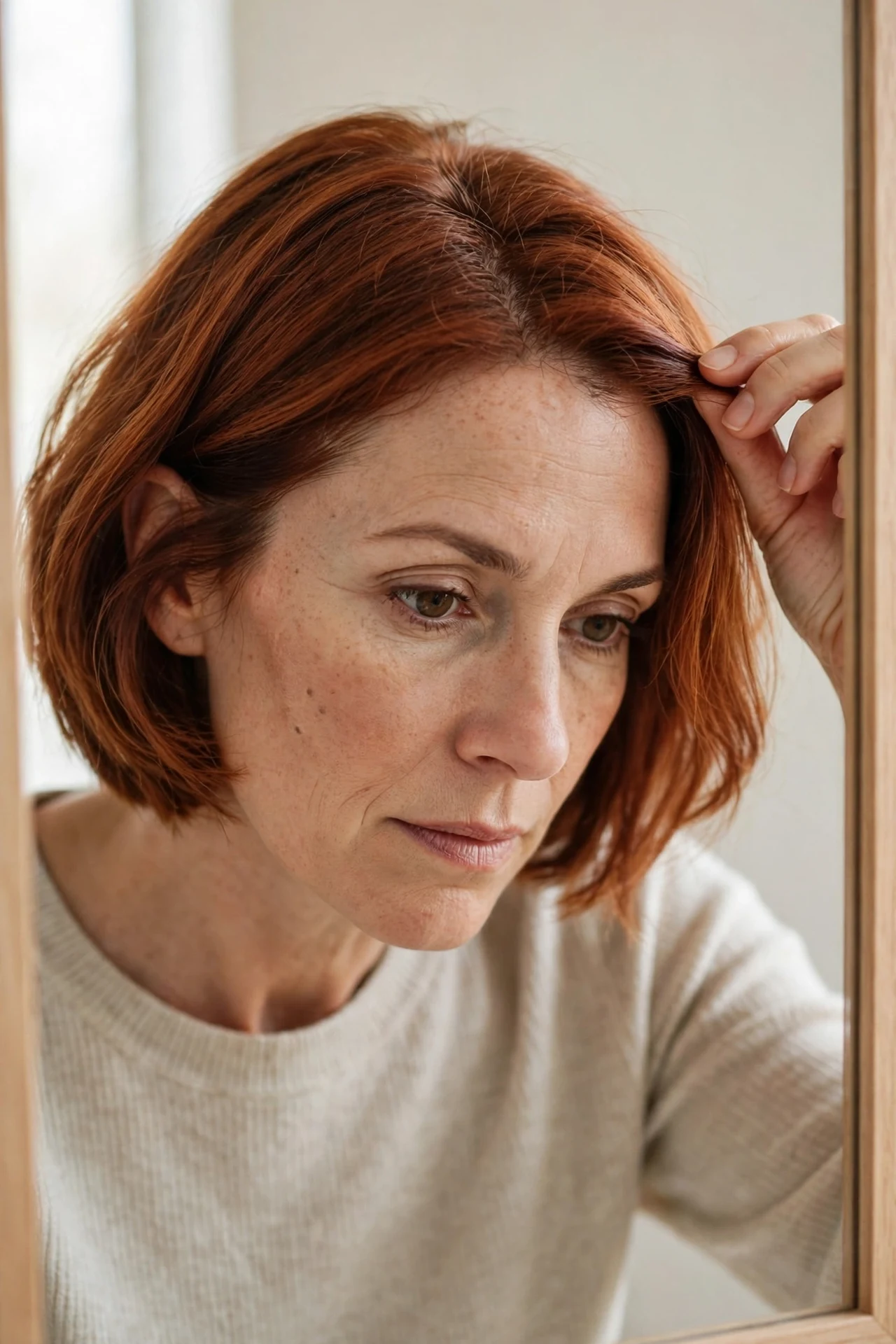Woman checking her bob extension blend closely in a mirror