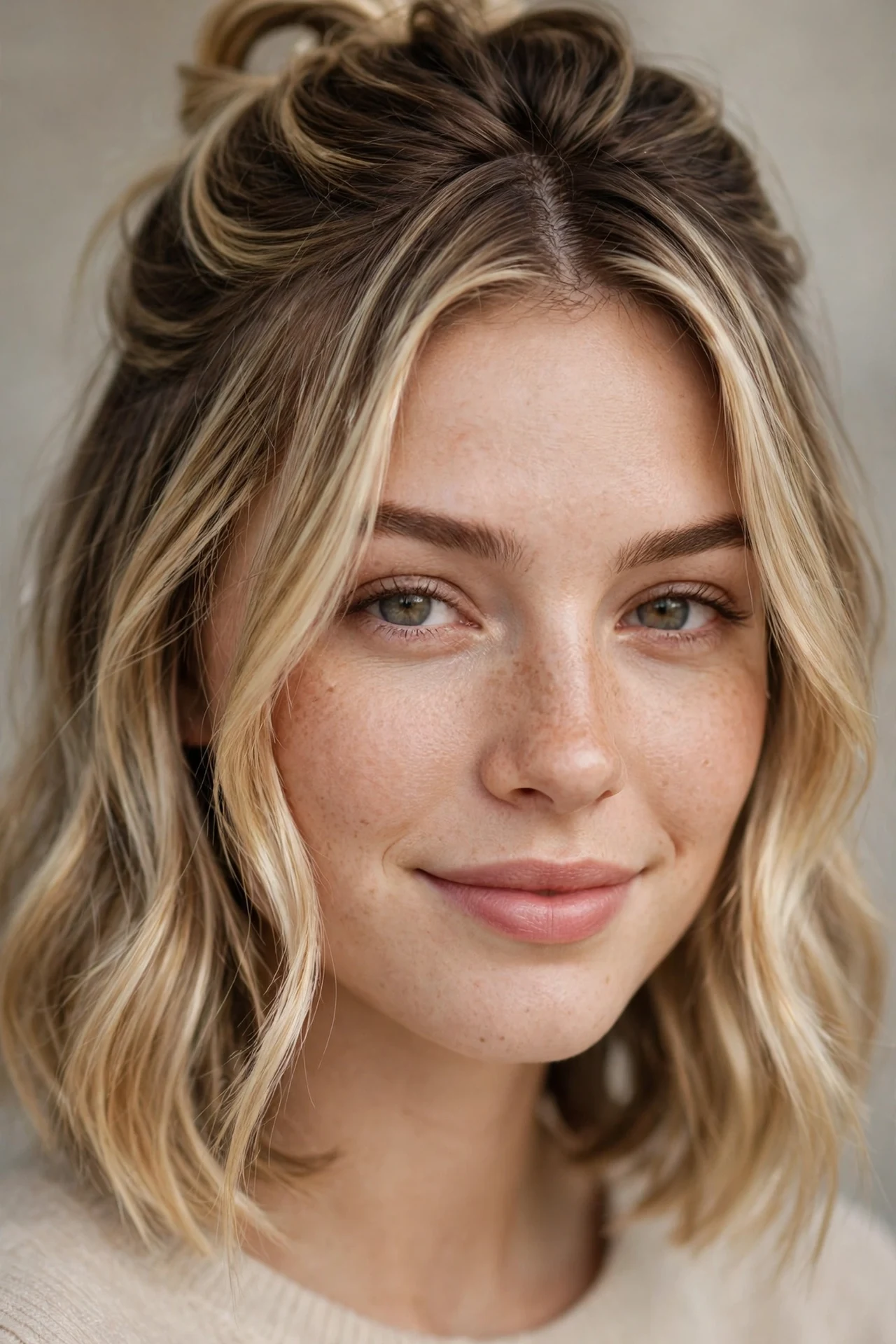 Half-up hairstyle on a bob with blonde balayage extensions