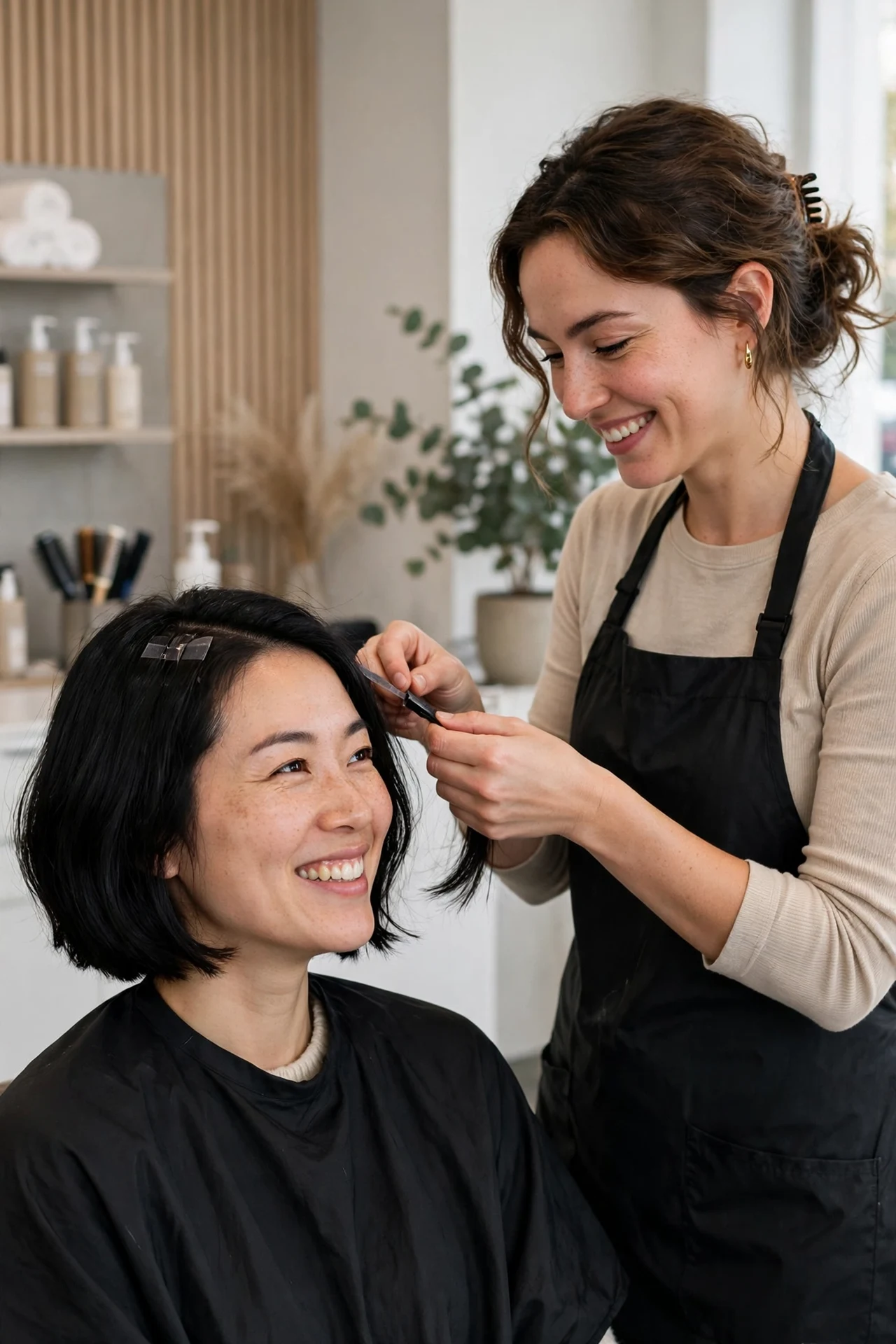 Stylist safely removing tape-in extensions from a bob in a salon