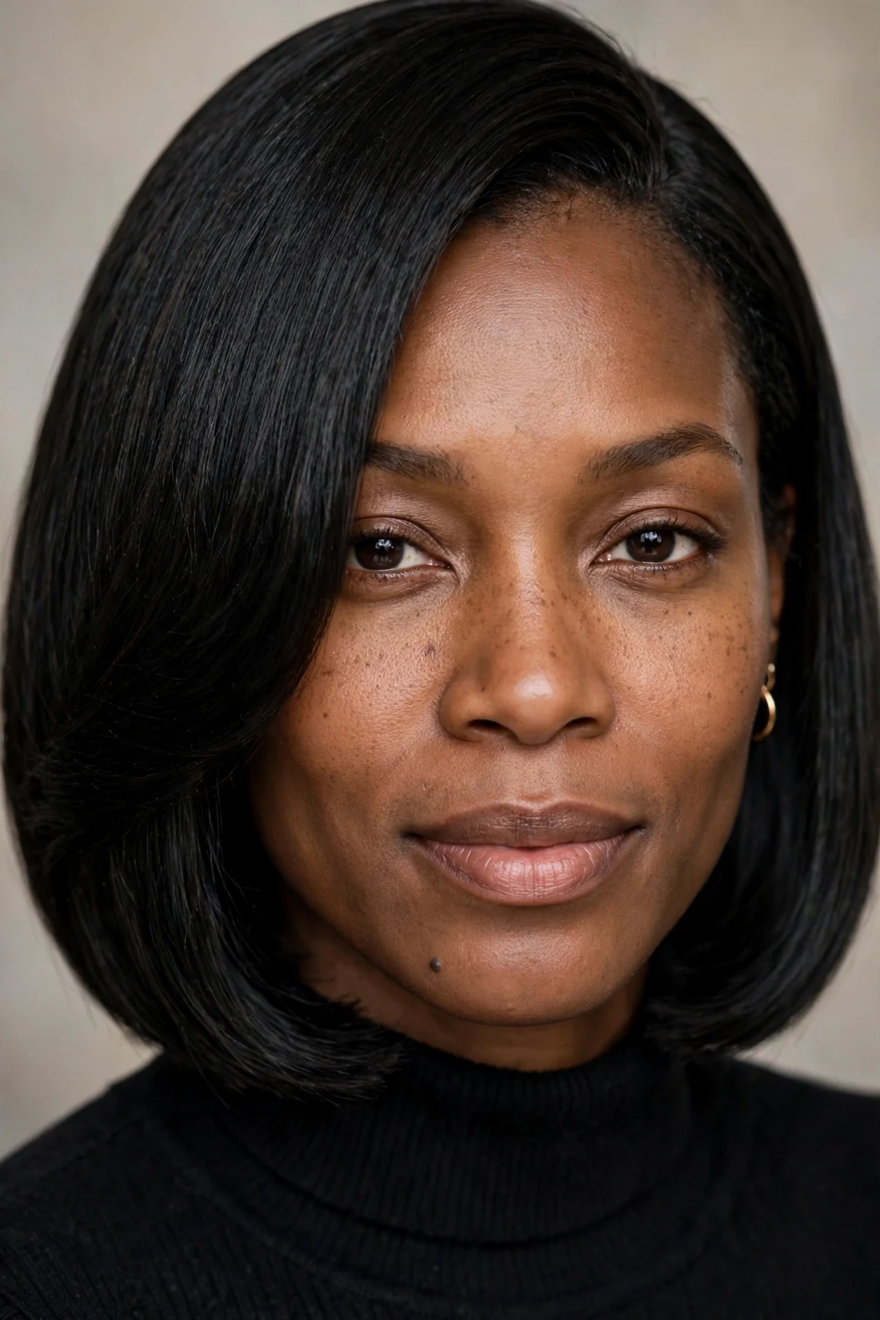 Sew-in weft extensions adding thickness to a smooth black bob