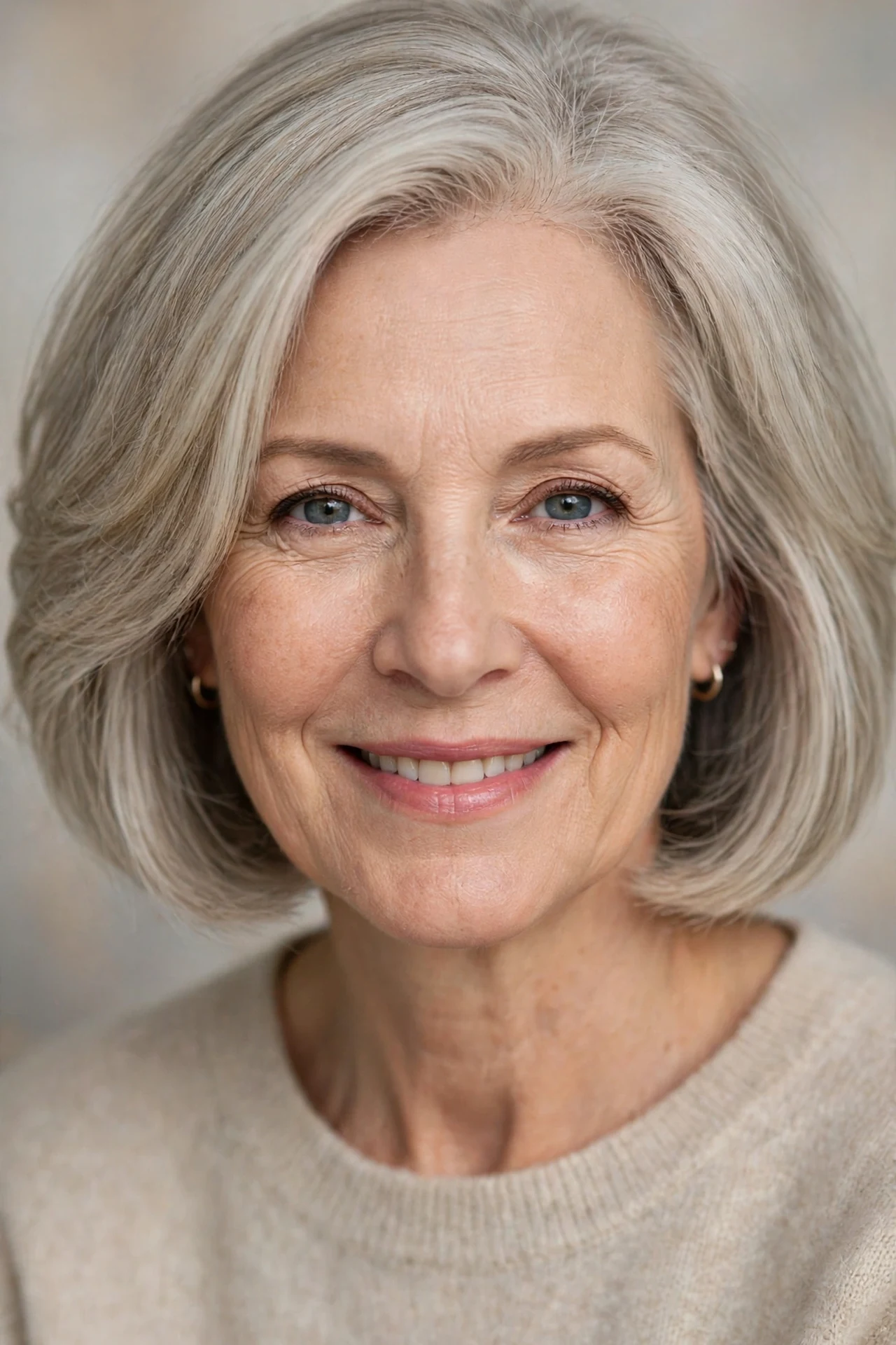 Lightweight extensions making a thin grey-blonde bob fuller