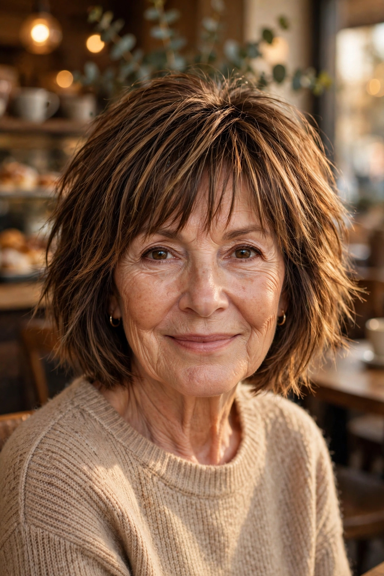 highlighted choppy bob with bangs for women over 50