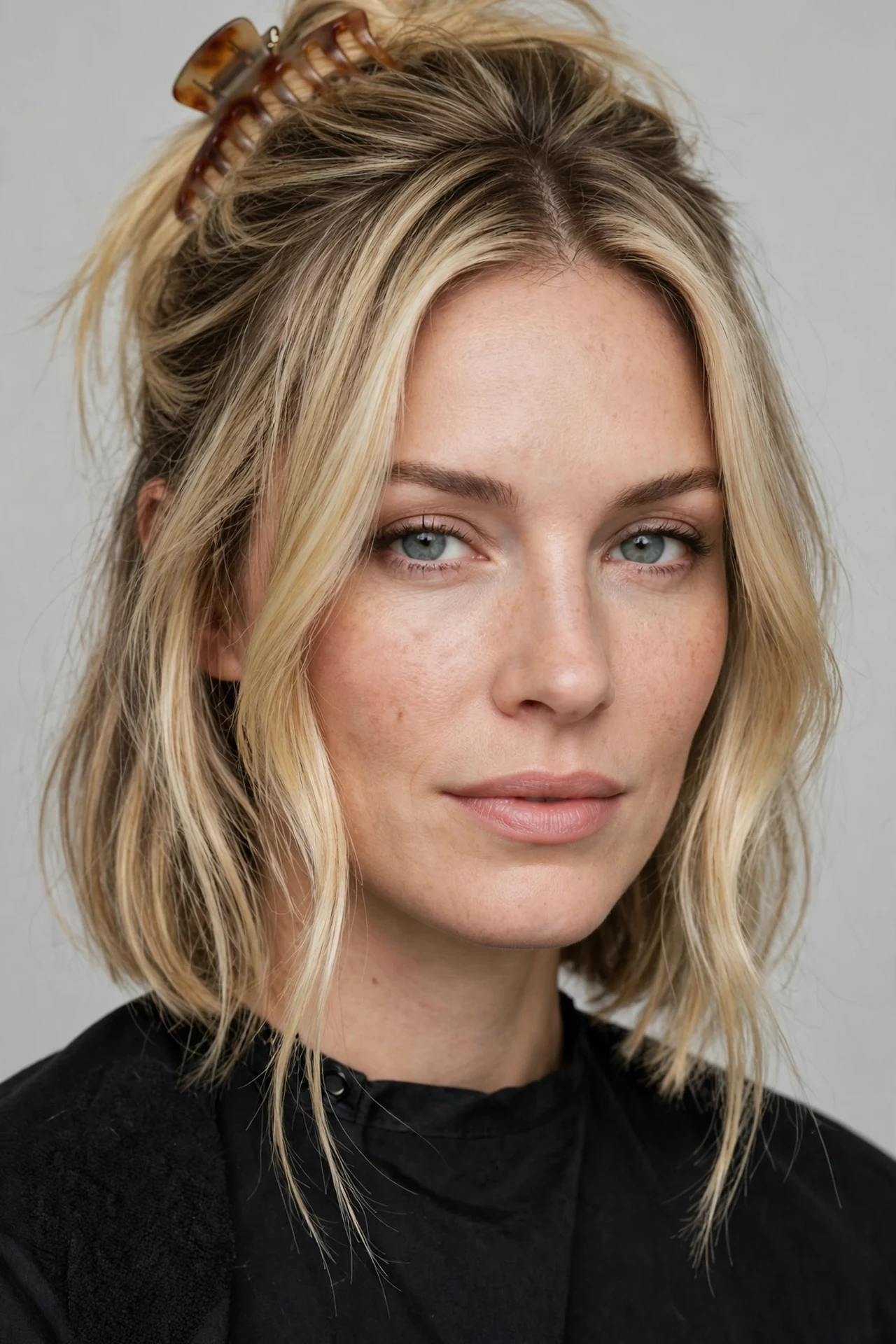 Long bob gathered into a claw clip updo