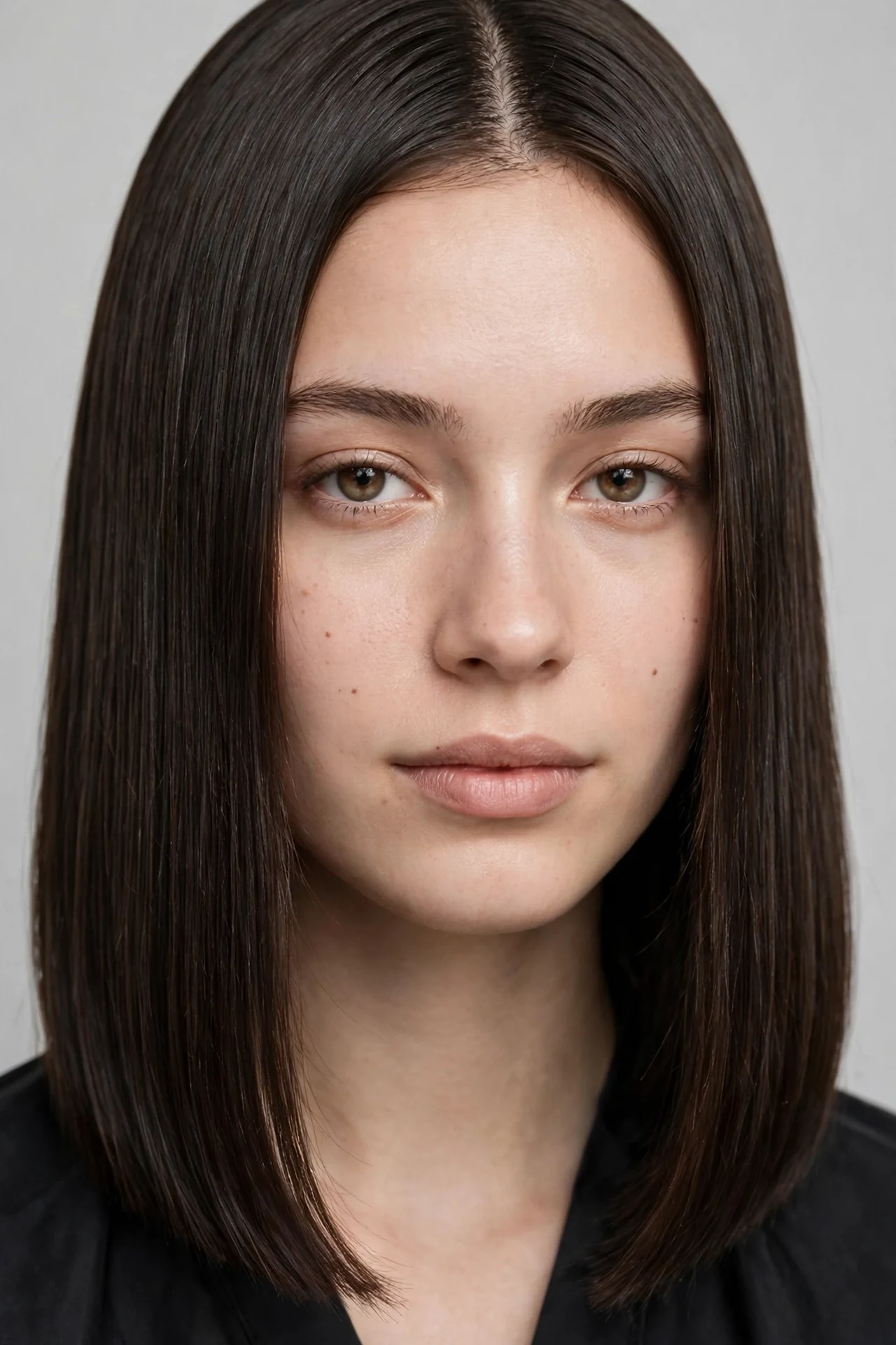 Sleek glass finish long bob with a center part