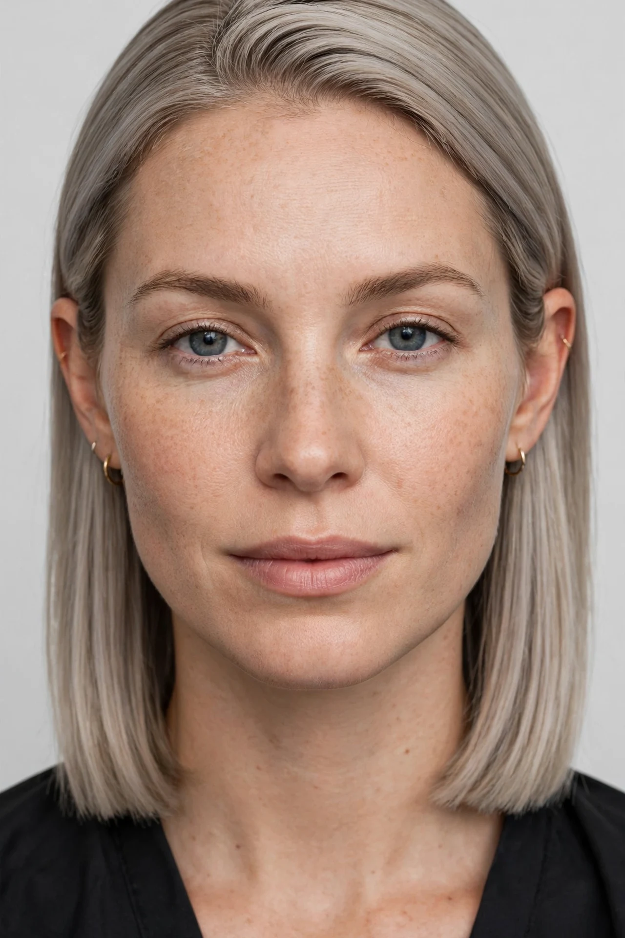 Polished straight long bob tucked behind the ears