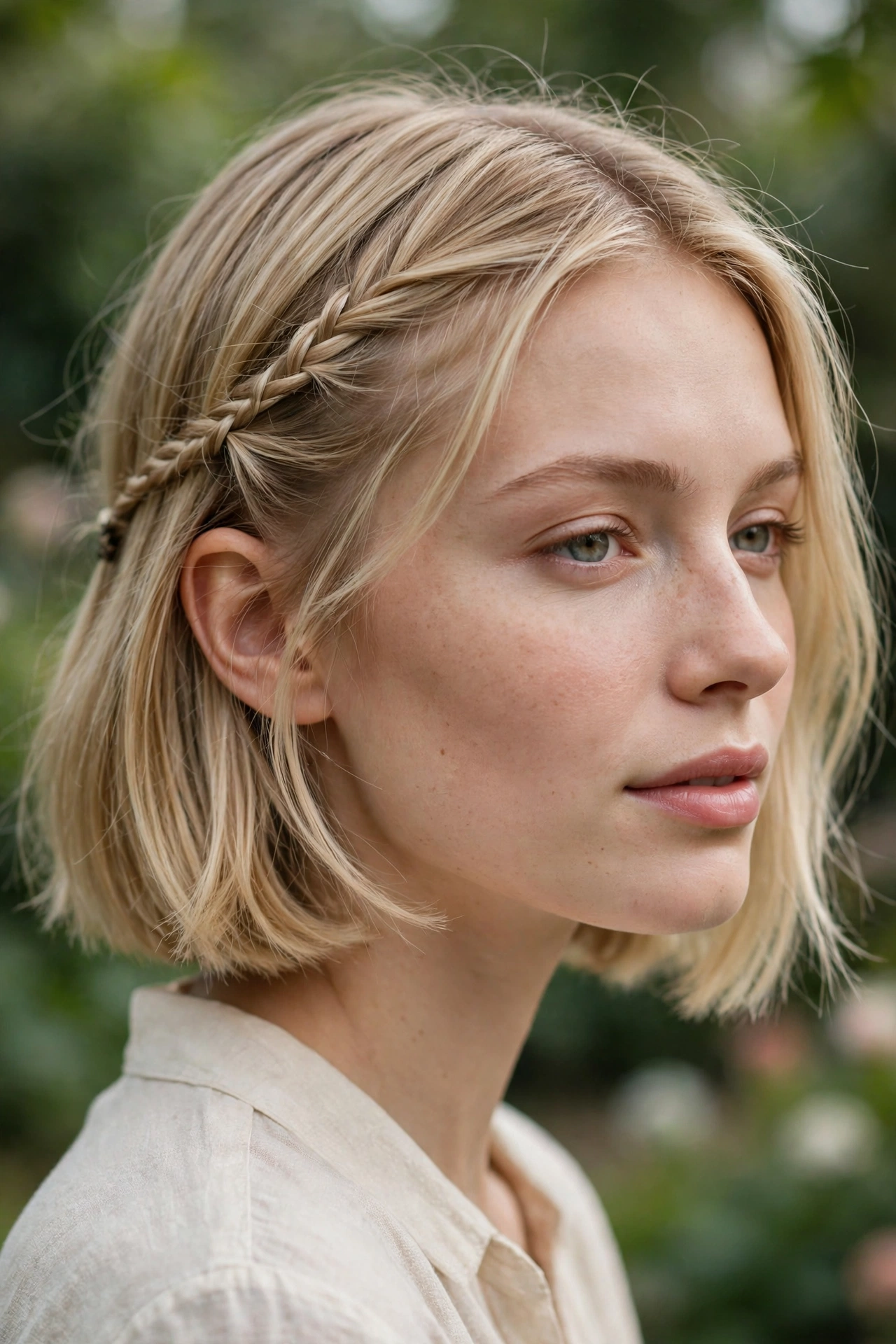 Small side braid accent pinned back on a bob