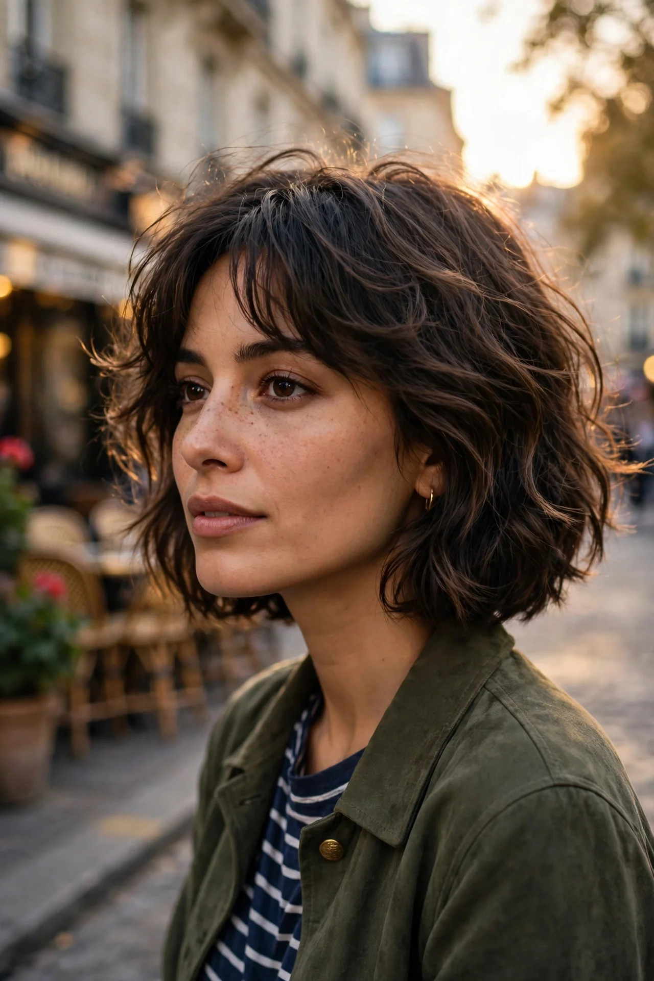 Woman learning how to style a french bob with textured waves and soft fringe