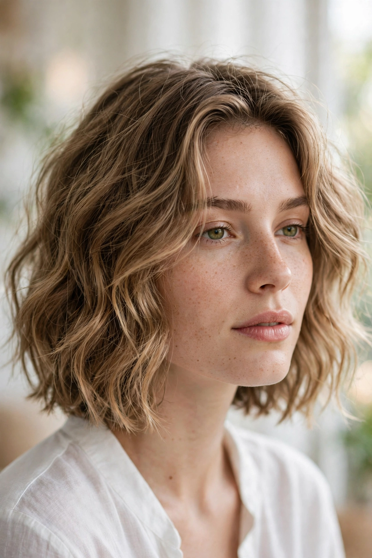 Overnight heatless waves on a bob, soft morning texture
