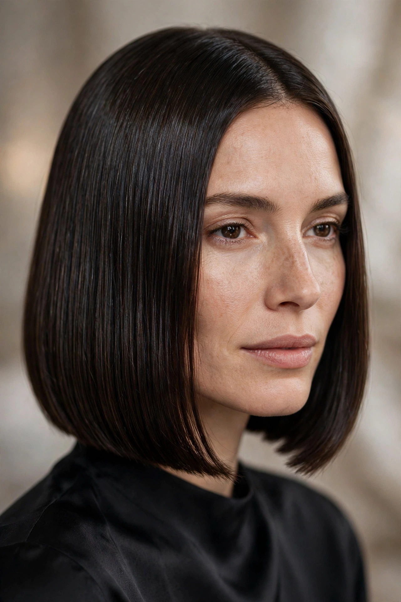 Pin straight bob with shine serum, glassy finish