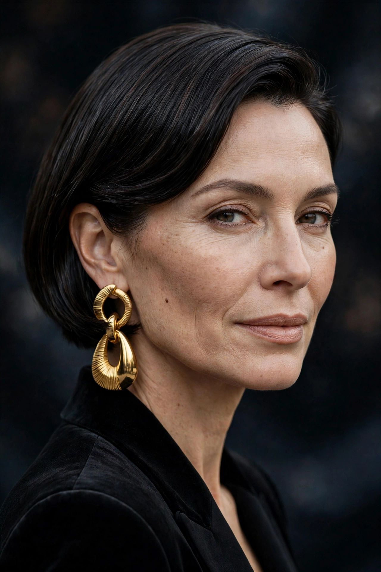 Polished tucked bob showing off statement earrings