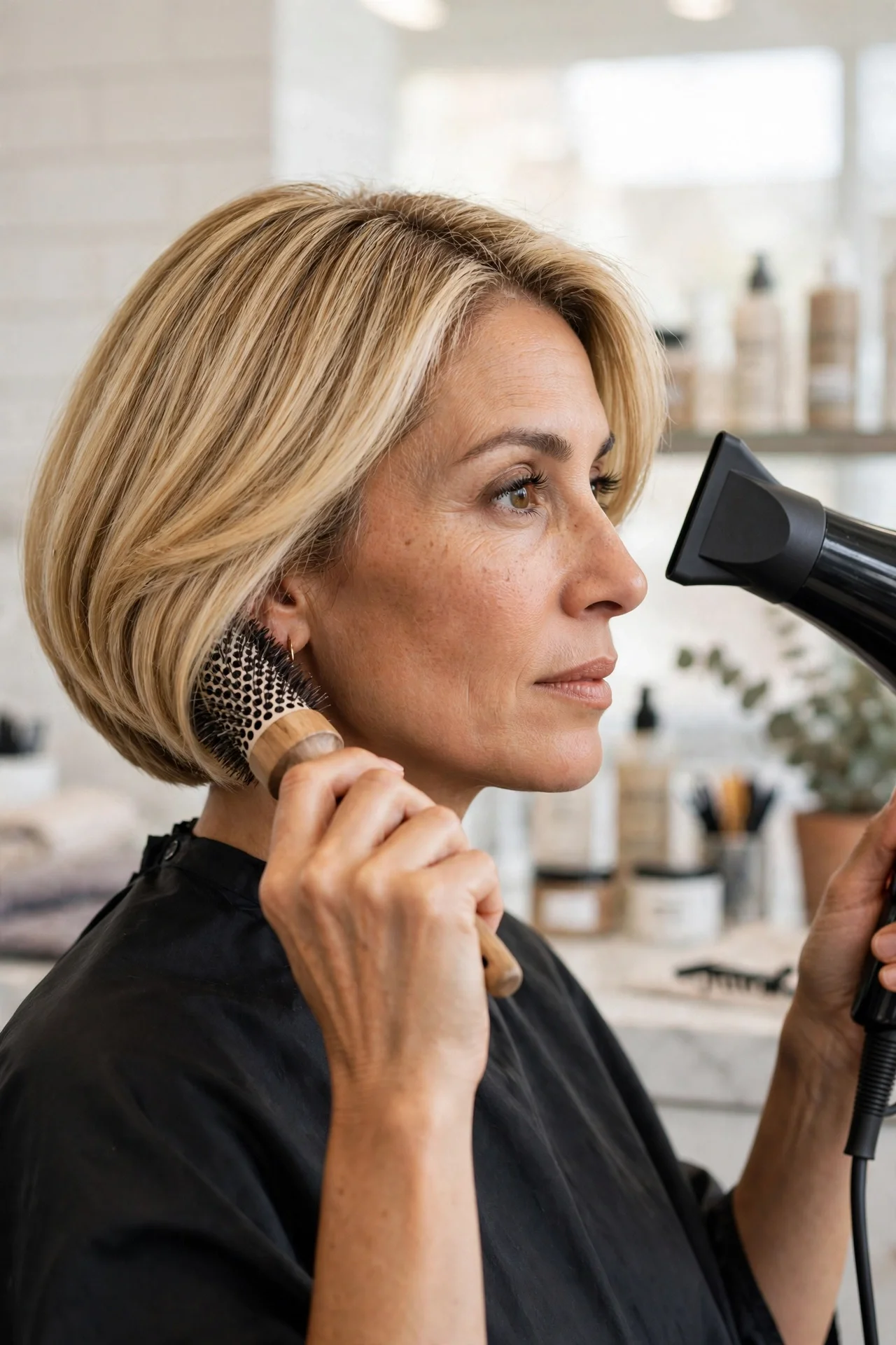 Round brush blowout technique on a french bob