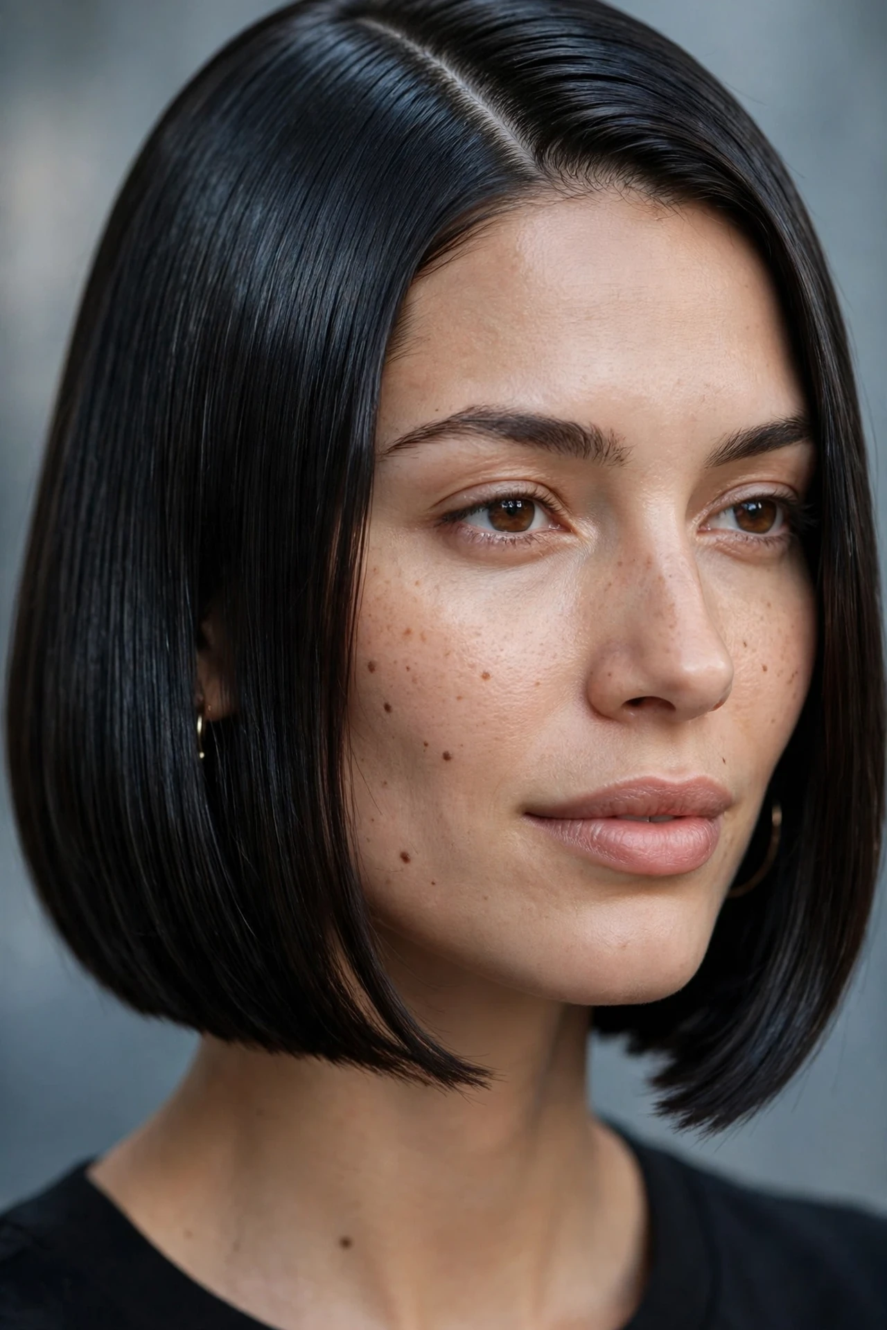 Sleek glass blowout on a chin length bob with mirror shine