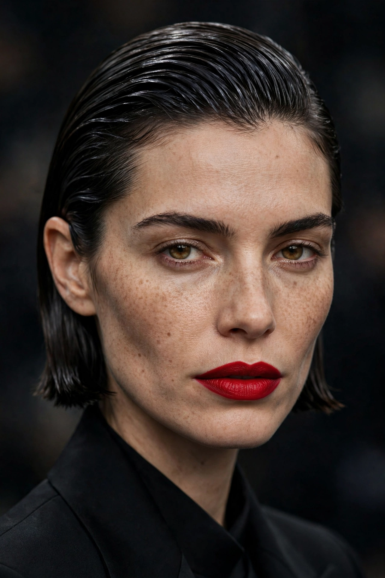 Slicked back bob for evening, polished editorial finish