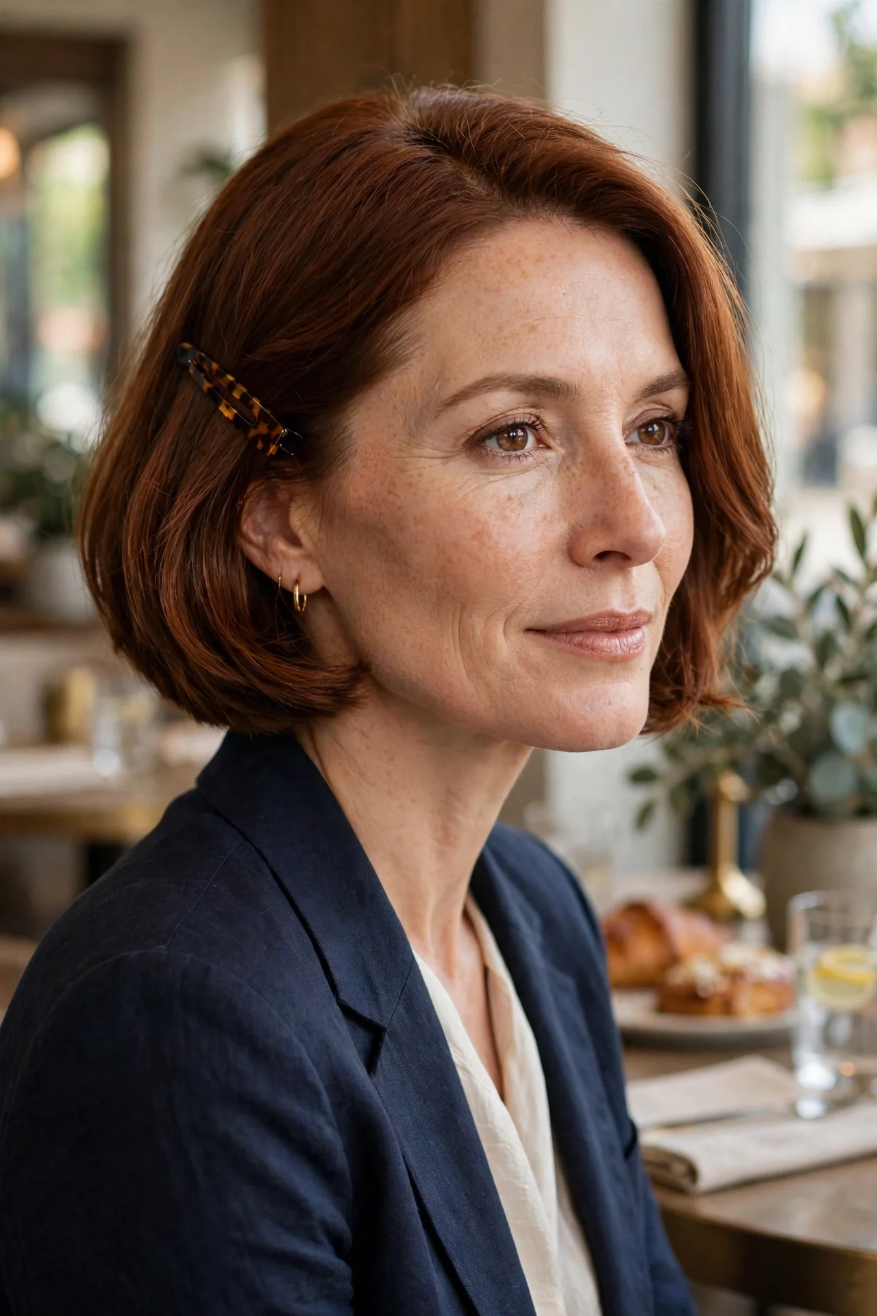 One-side tuck and pin styling on a french bob