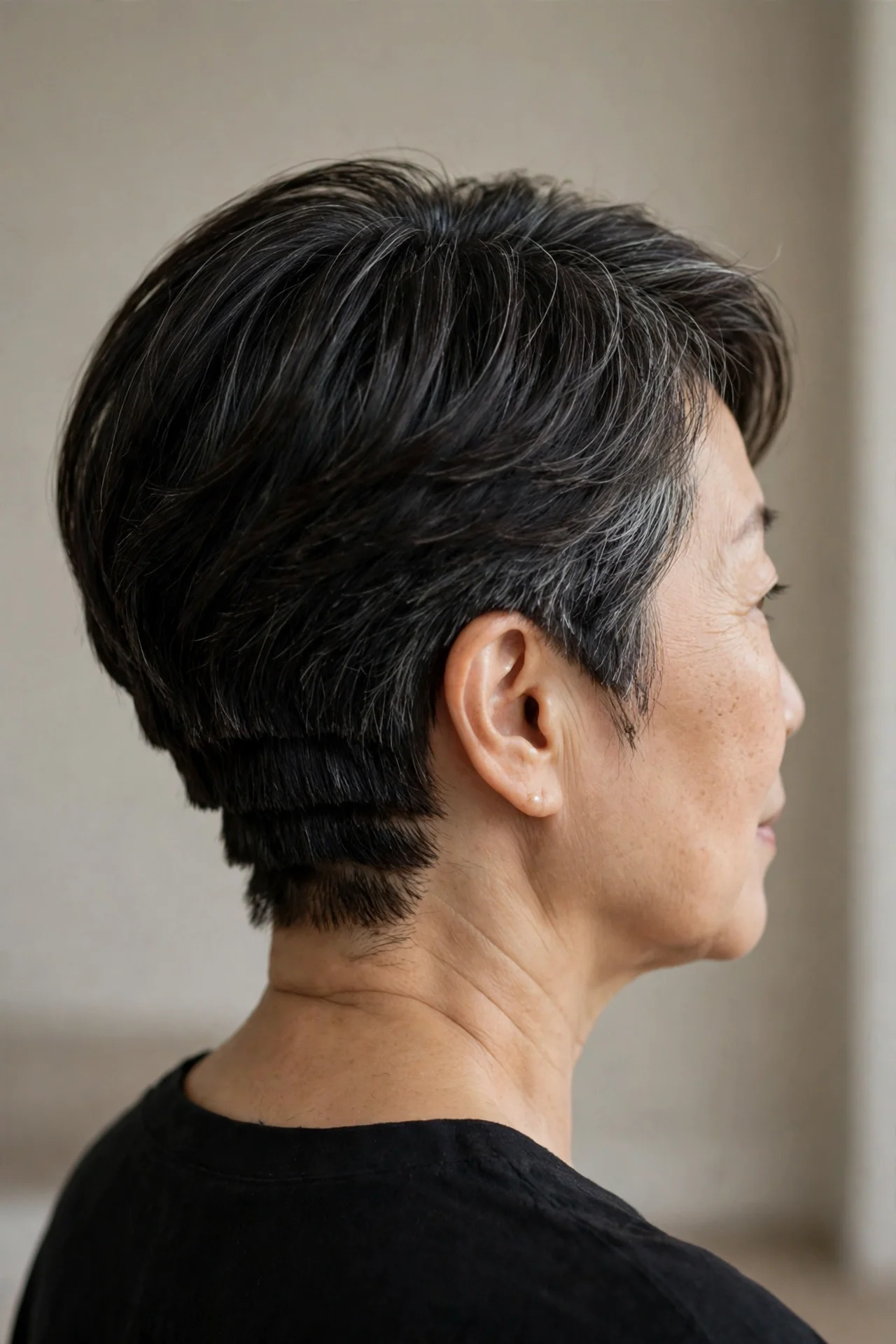 Woman in her 50s with an inverted bixie and stacked nape