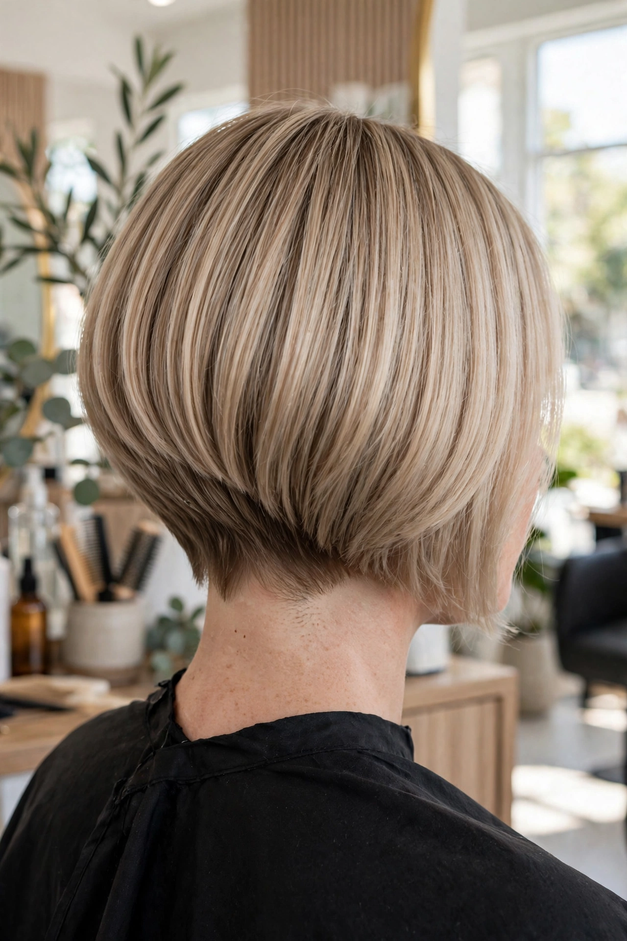 Back view of inverted bob on straight ash-blonde hair with tapered nape