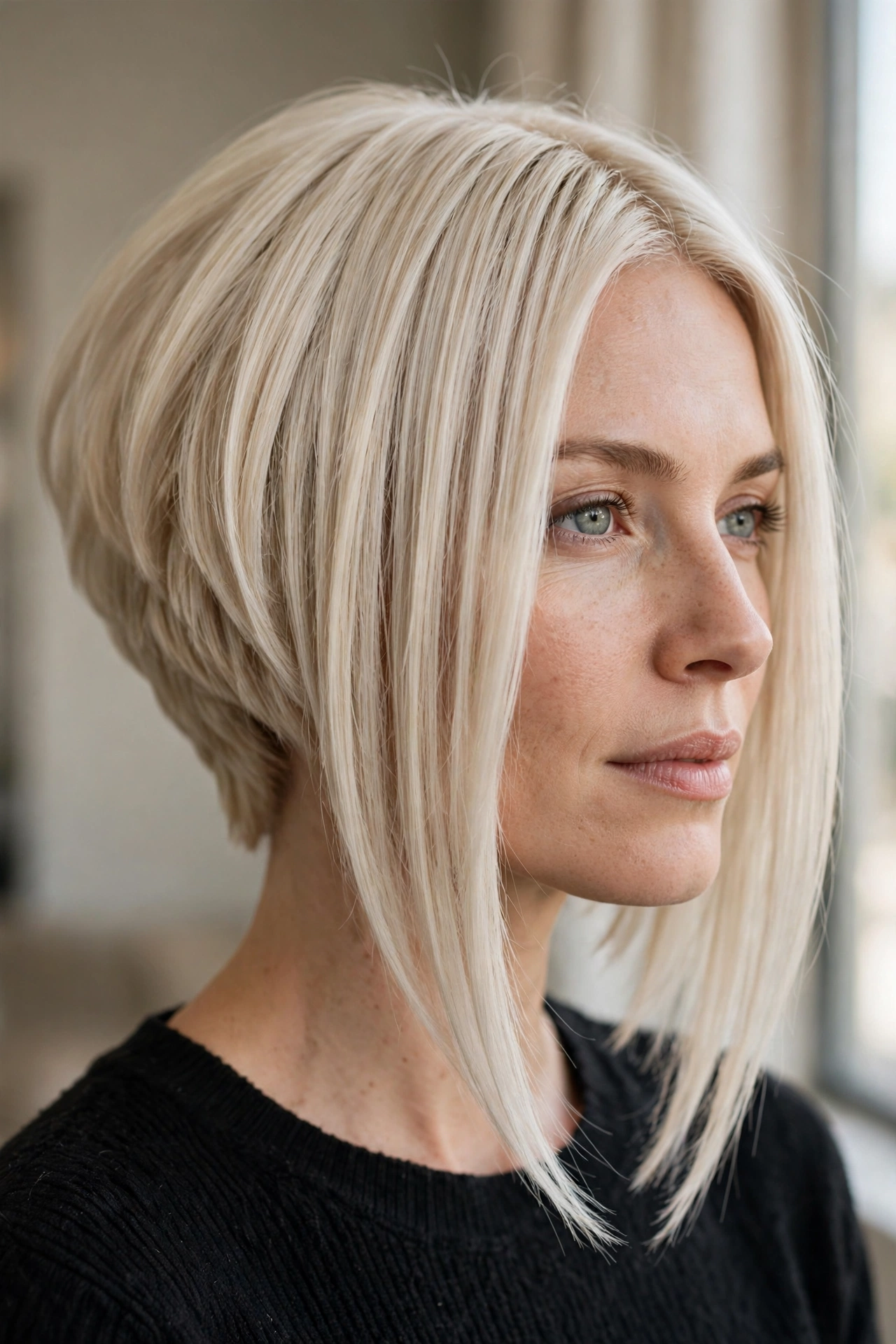 Dramatic inverted graduated bob on fine hair, steep angle from stacked back to long front
