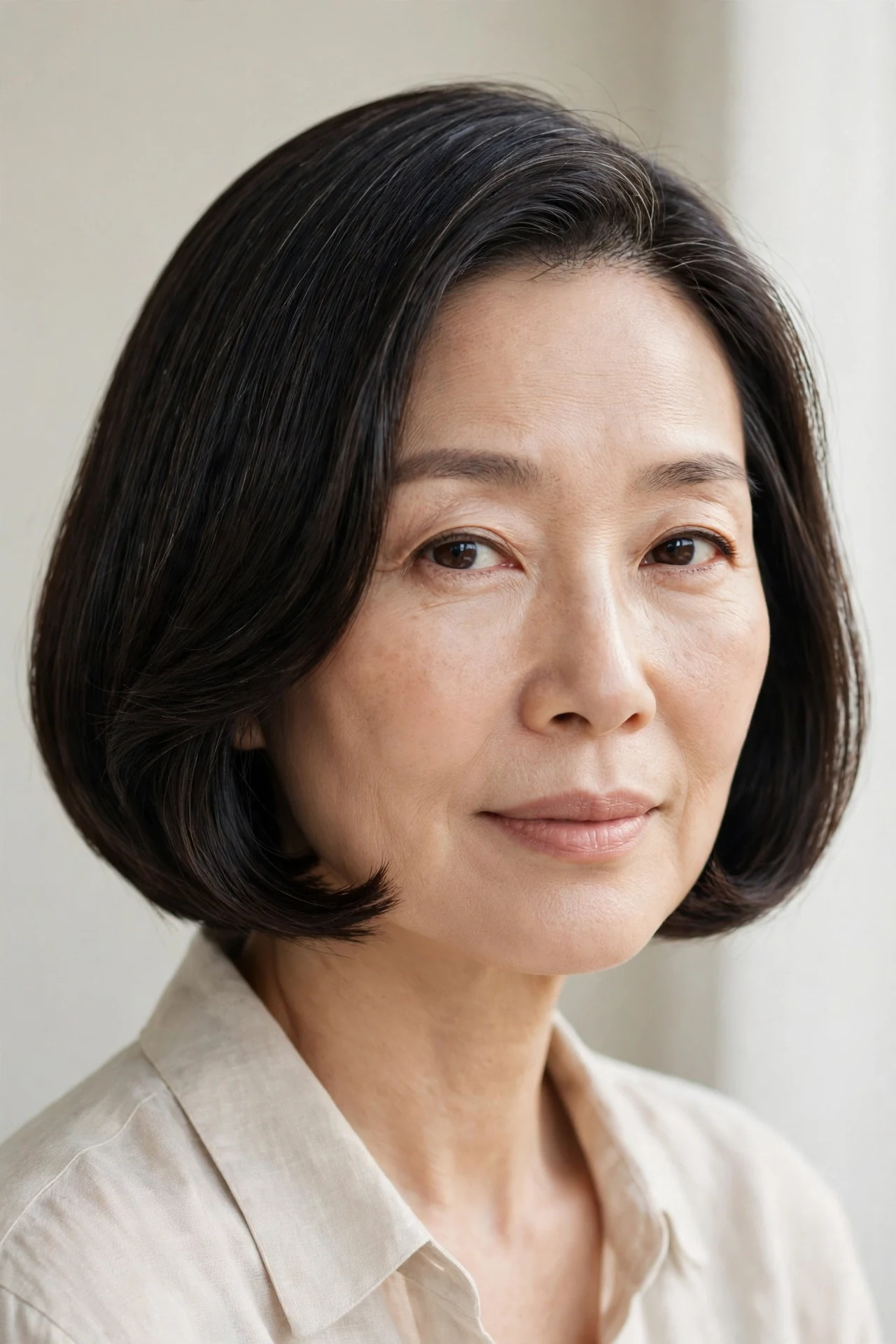 Freshly trimmed Italian cut with polished curved ends on an East Asian woman in her 50s