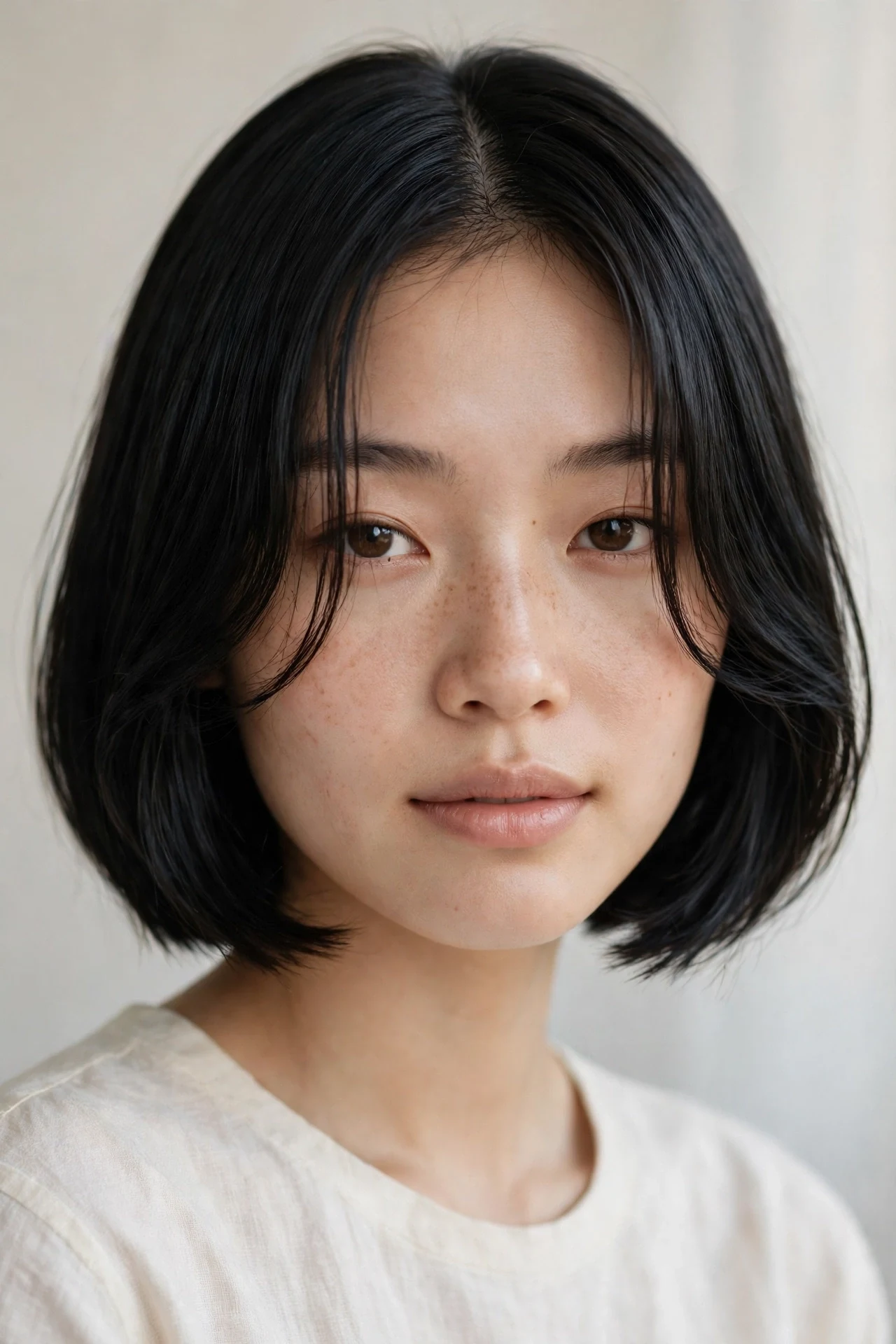 Italian cut with curtain bangs on an East Asian woman in her 20s