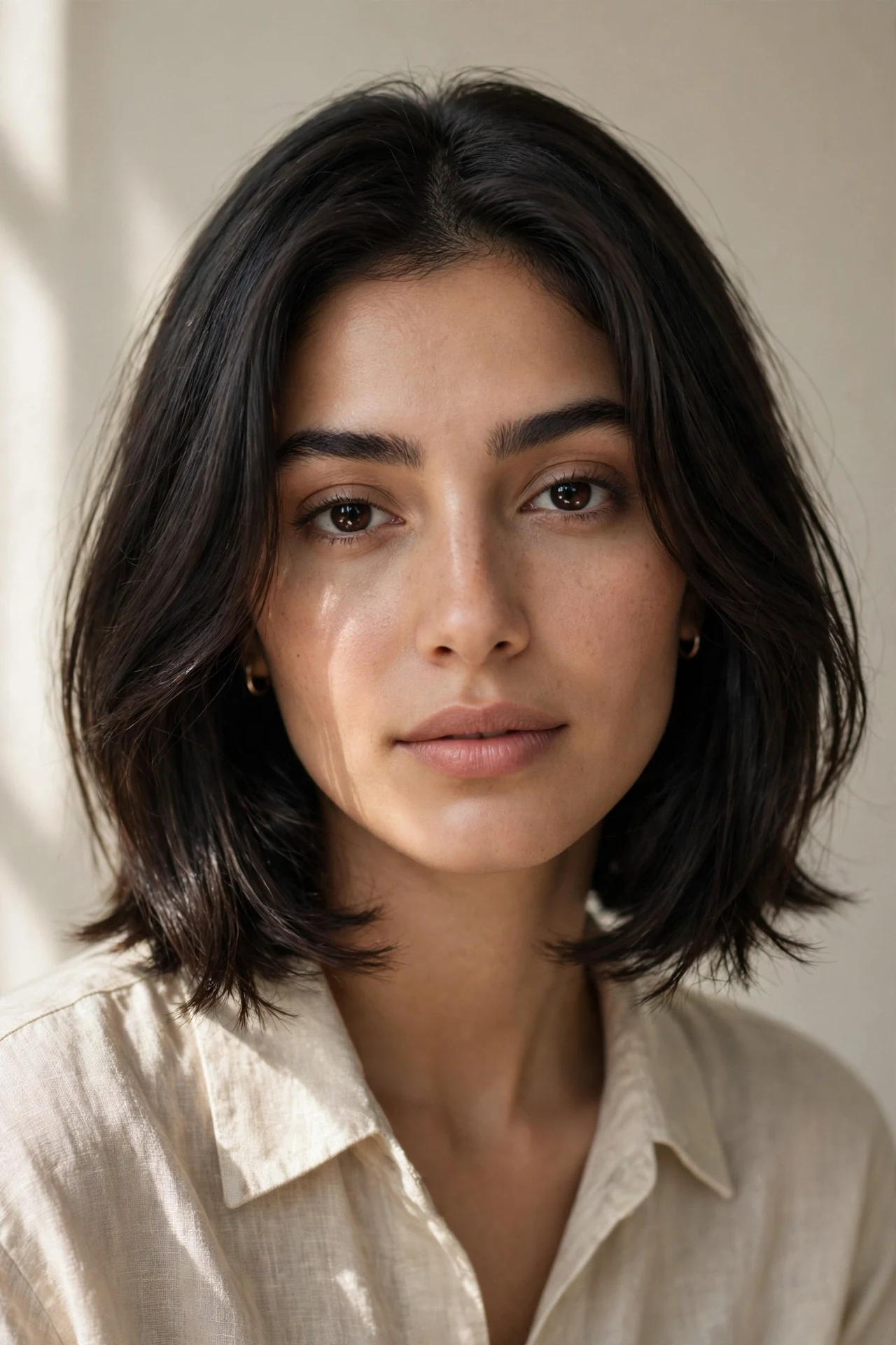 Italian cut with face-framing layers on a Middle Eastern woman in her 20s
