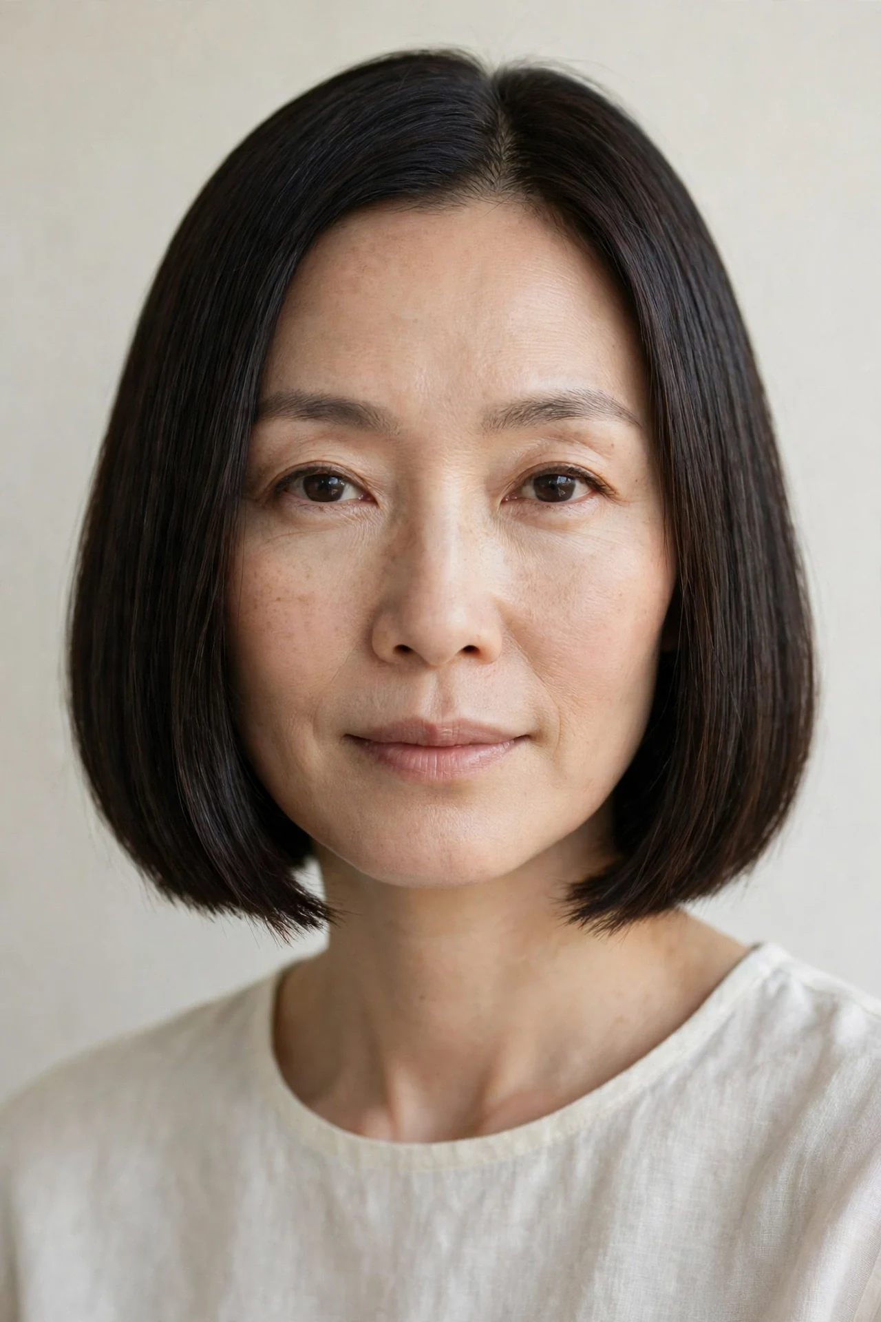 Italian cut for fine hair with blunt ends on an East Asian woman in her 40s